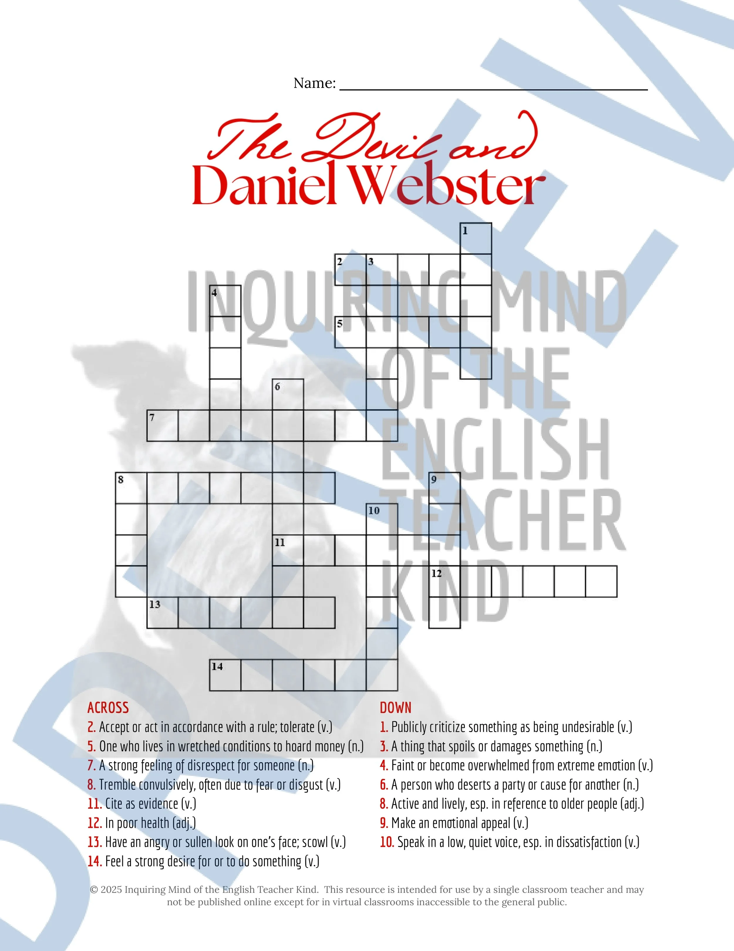 "The Devil and Daniel Webster" by Stephen Vincent Benet Quiz, Analysis Worksheets, Vocabulary Games, and Answer Keys for High School from Inquiring Mind of the English Teacher Kind