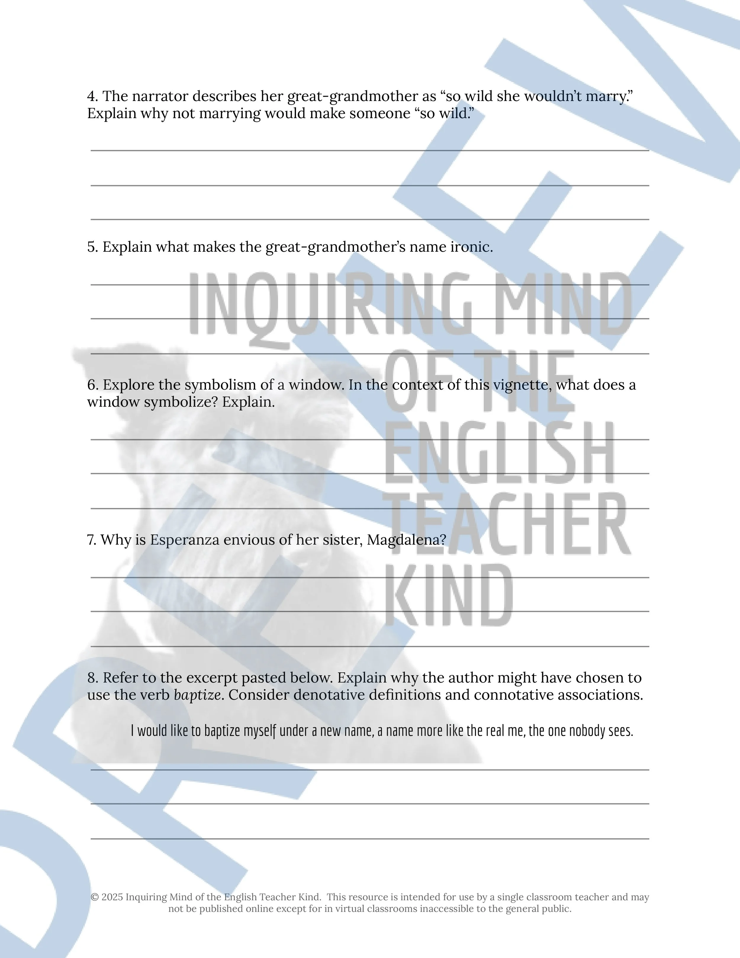 The House on Mango Street Quiz and Close Reading Analysis Worksheets Bundle for Vignettes 1, 2, 3, and 4 from Inquiring Mind of the English Teacher Kind