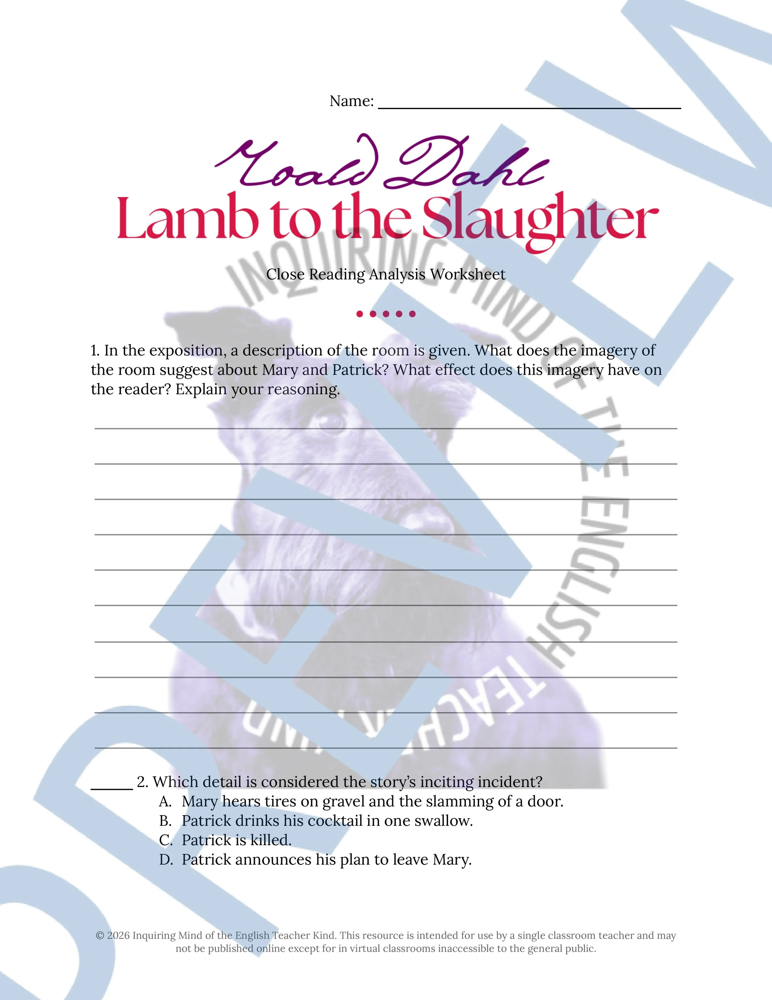 Lamb to the Slaughter by Roald Dahl Close Reading Analysis Worksheet (1).jpg