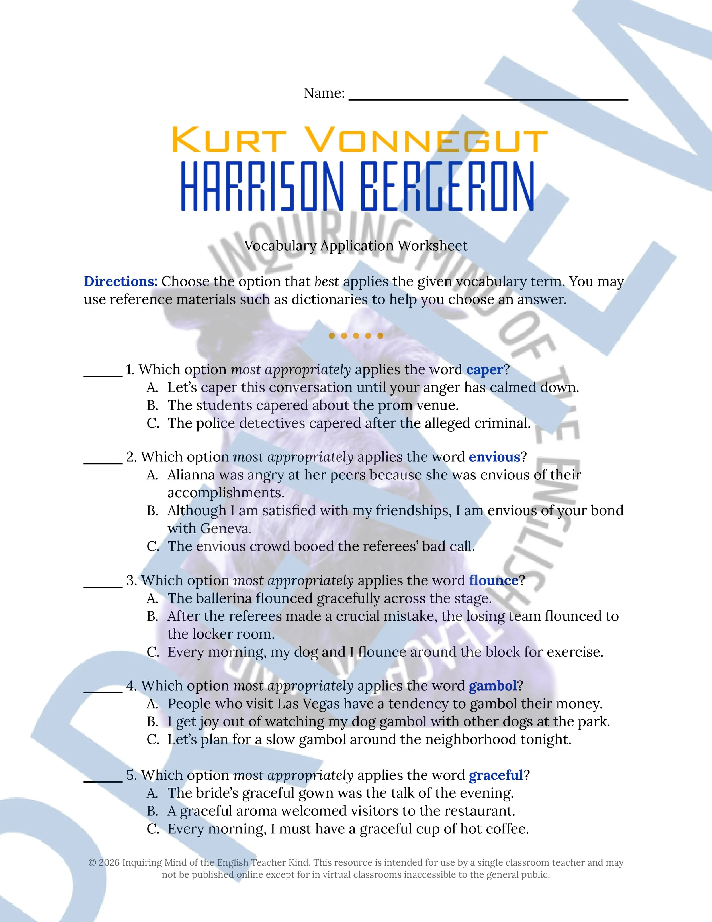 Harrison Bergeron by Kurt Vonnegut Vocabulary Worksheet, Crossword Puzzle, and Word Search (3).jpg