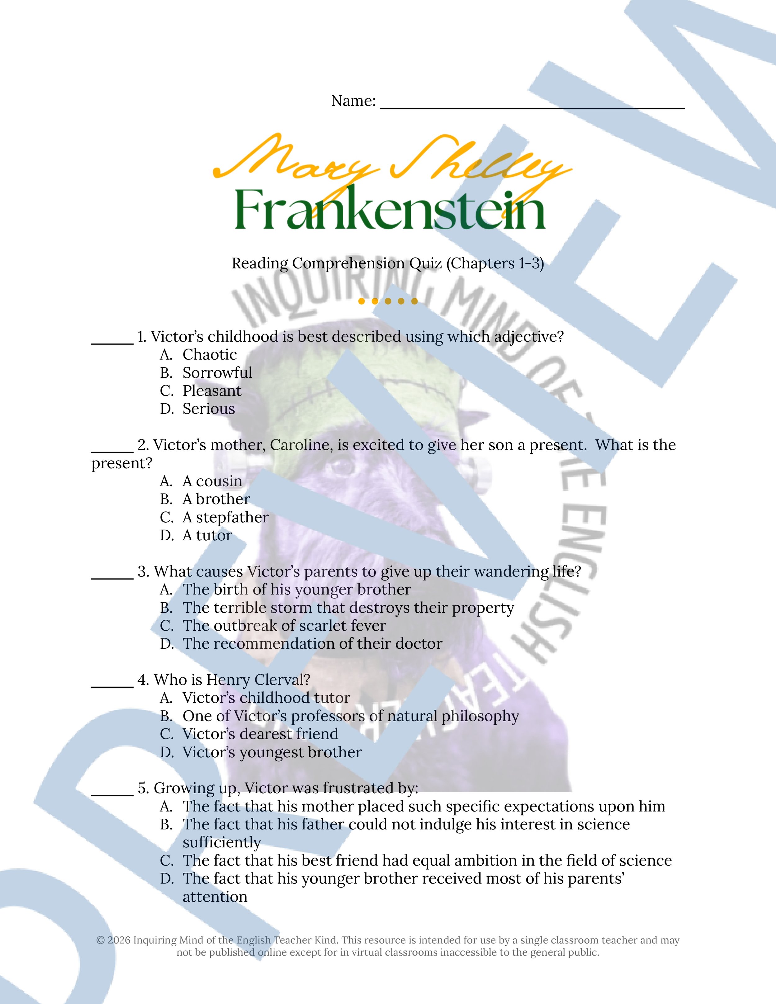 Frankenstein by Mary Shelley Quizzes, Analysis Worksheets, Vocabulary ...