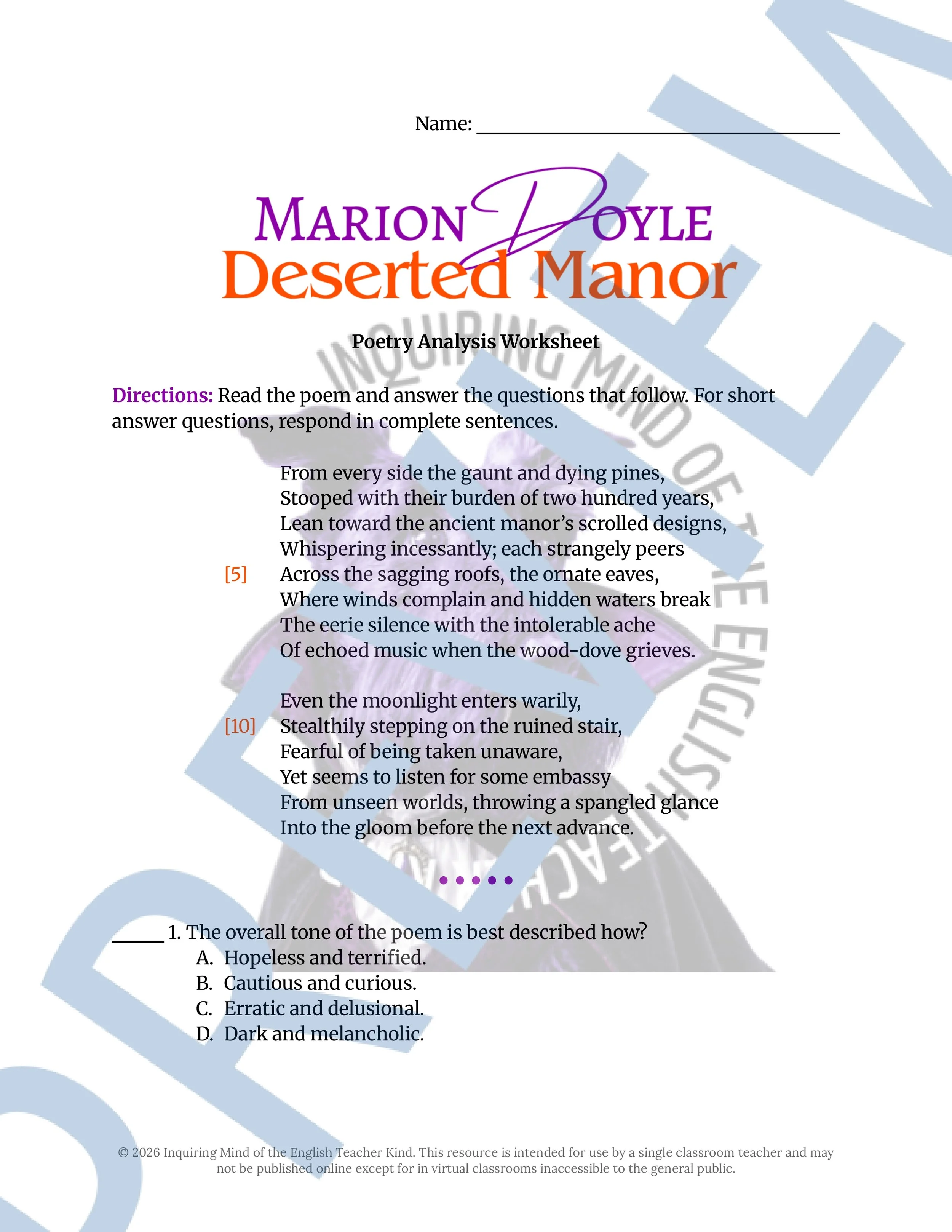 Deserted Manor by Marion Doyle Gothic Poem Analysis Worksheet for High School English and Halloween (1).jpg