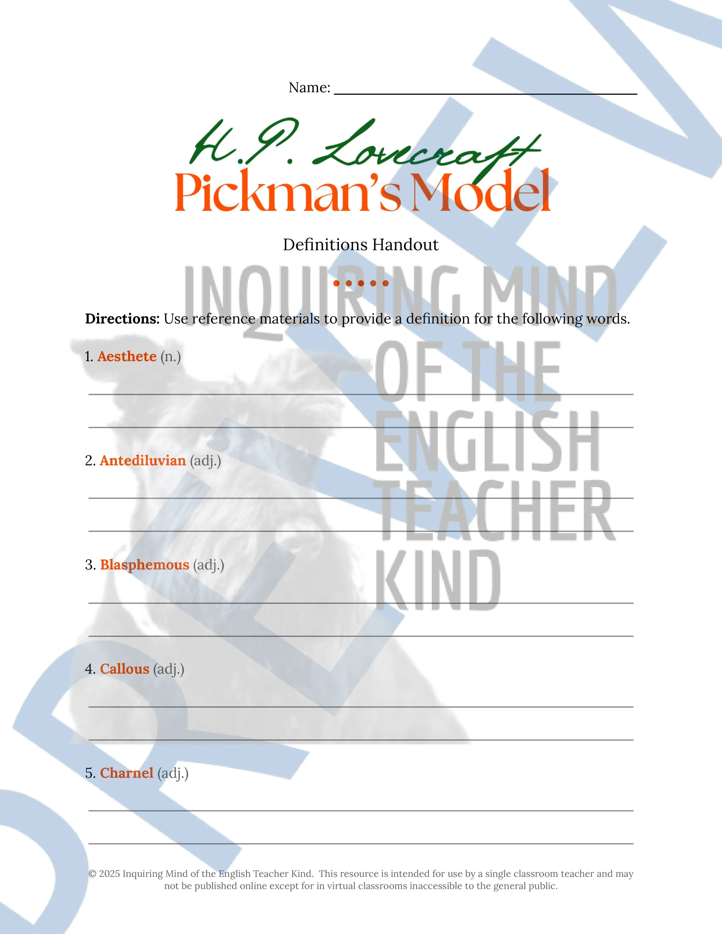 "Pickman's Model" by H.P. Lovecraft Quiz, Analysis Worksheet, Vocabulary Games, and Answer Keys for High School from Inquiring Mind of the English Teacher Kind