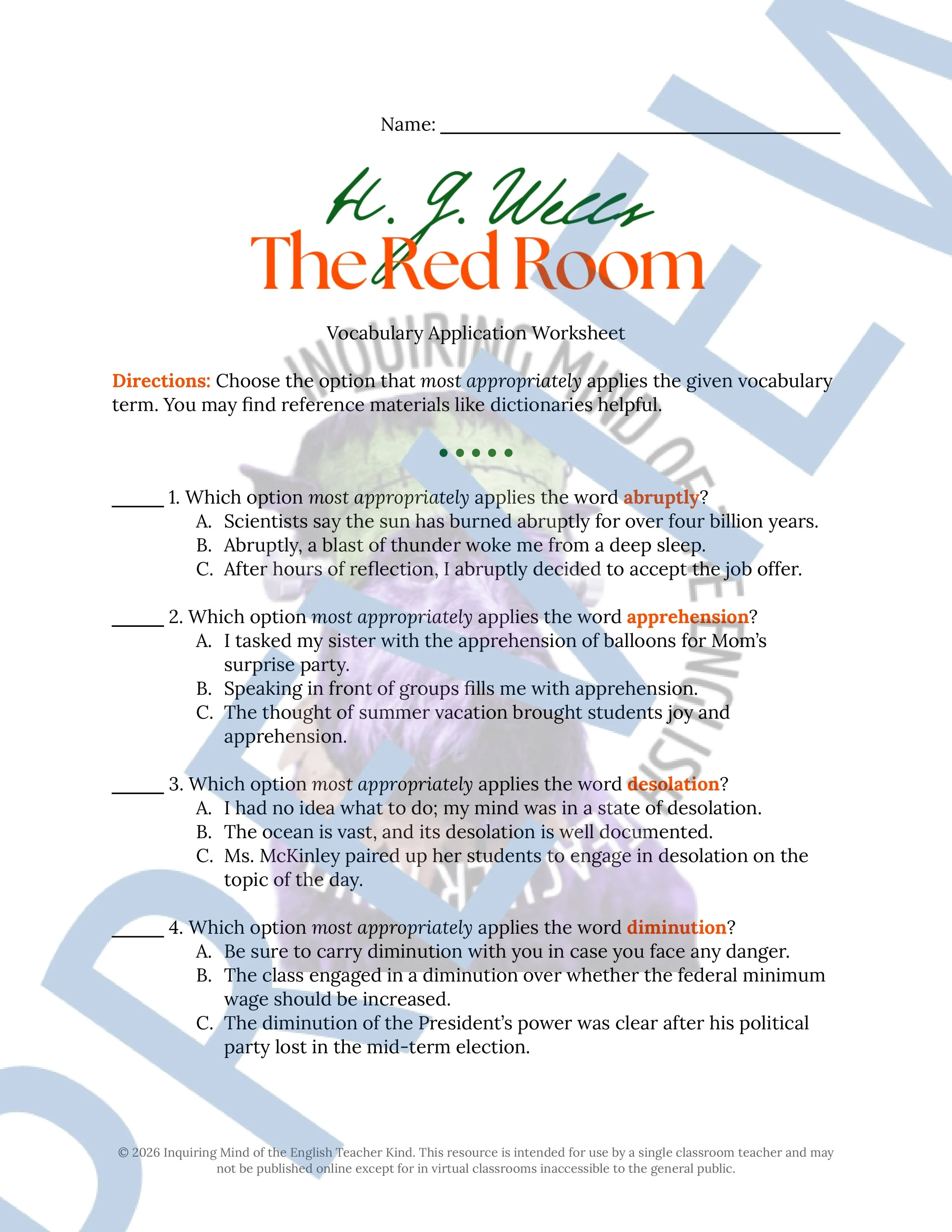The Red Room by H.G. Wells Vocabulary Activities - High School Short Story Worksheets for the Halloween Season (1).jpg