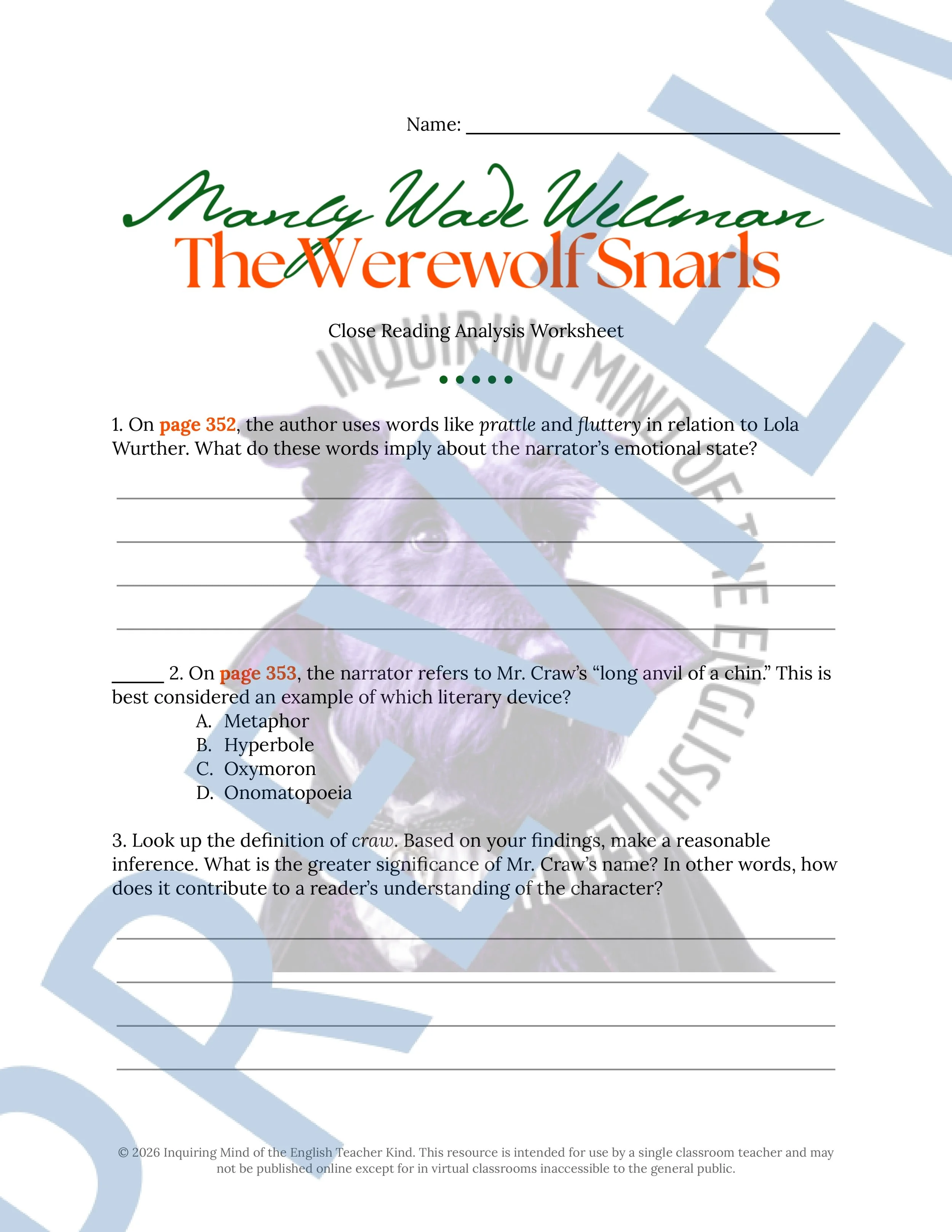 The Werewolf Snarls by Manly Wade Wellman Close Reading Analysis Worksheet - Halloween Horror Short Story for High School (1).jpg