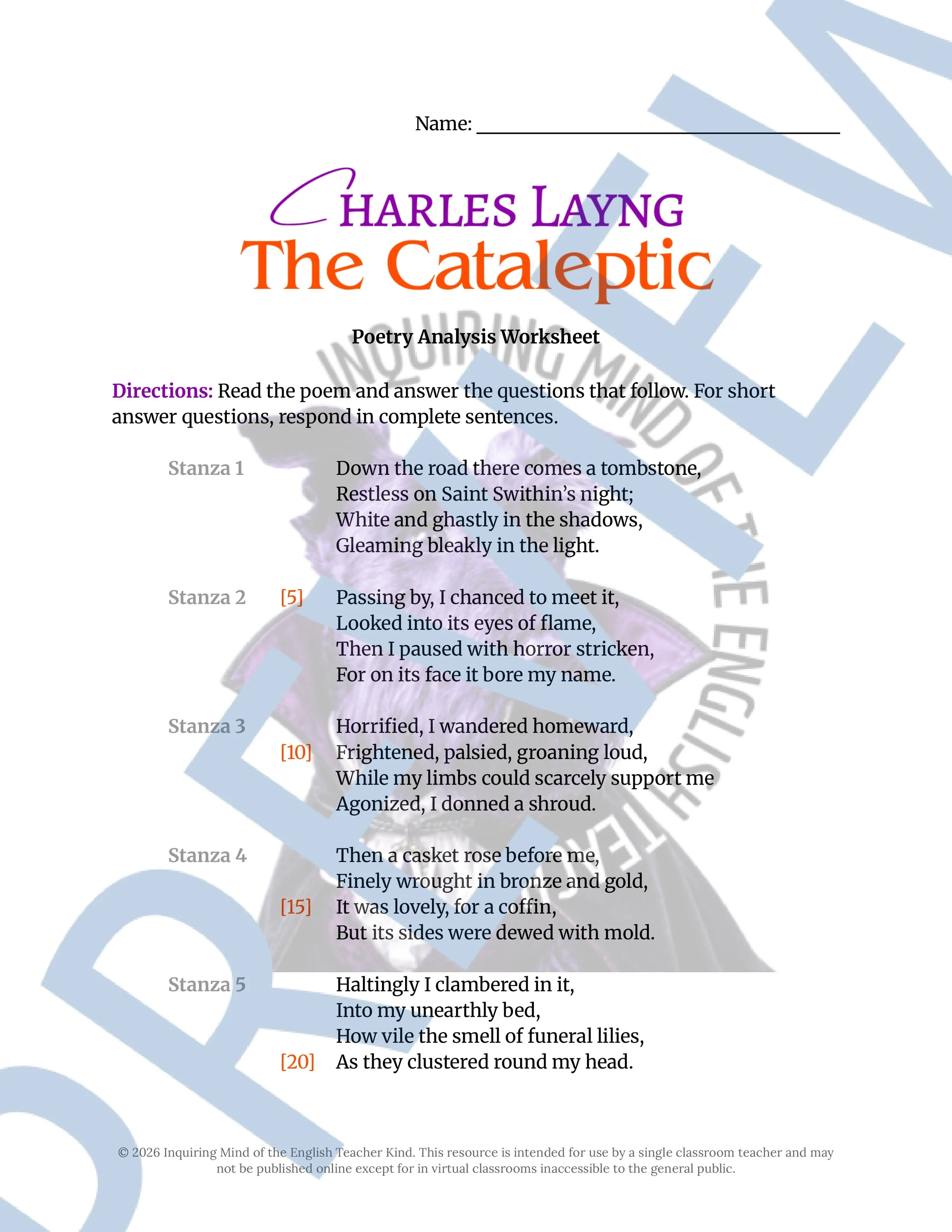 The Cataleptic by Charles Layng  Poetry Analysis Worksheet and Answer Key for High School English and Halloween (1).jpg
