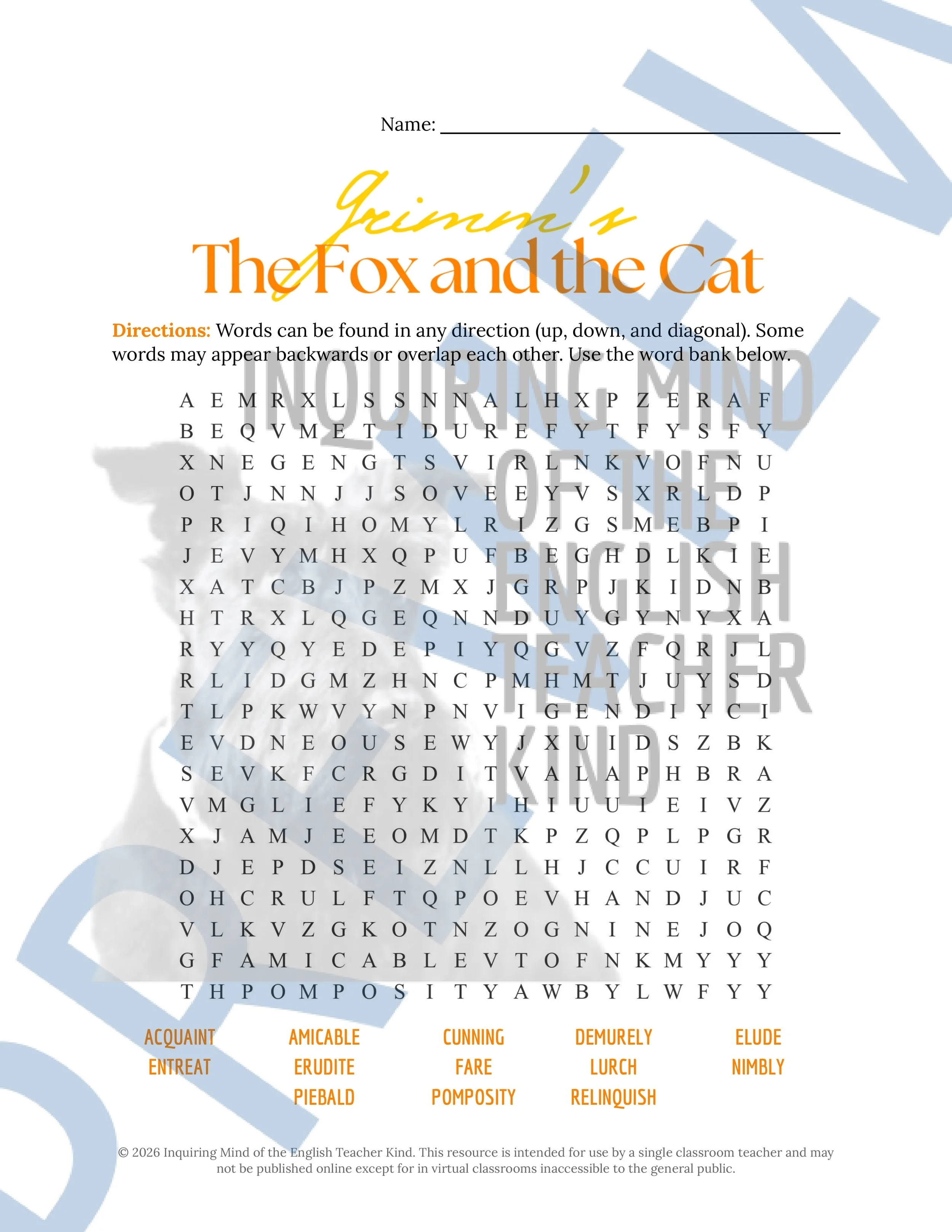 The Fox and the Cat Vocabulary Activities - Brothers Grimm Fairy Tale Fable (4).jpg