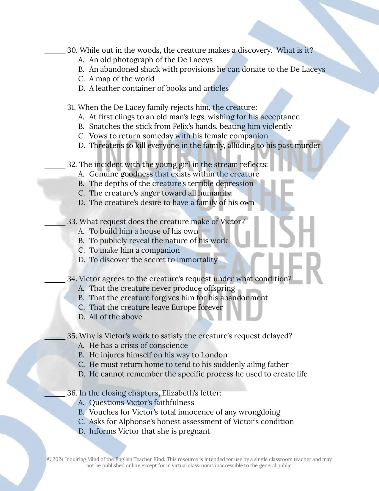 Frankenstein Test Frankenstein by Mary Shelley Test and Answer Key for High School ...