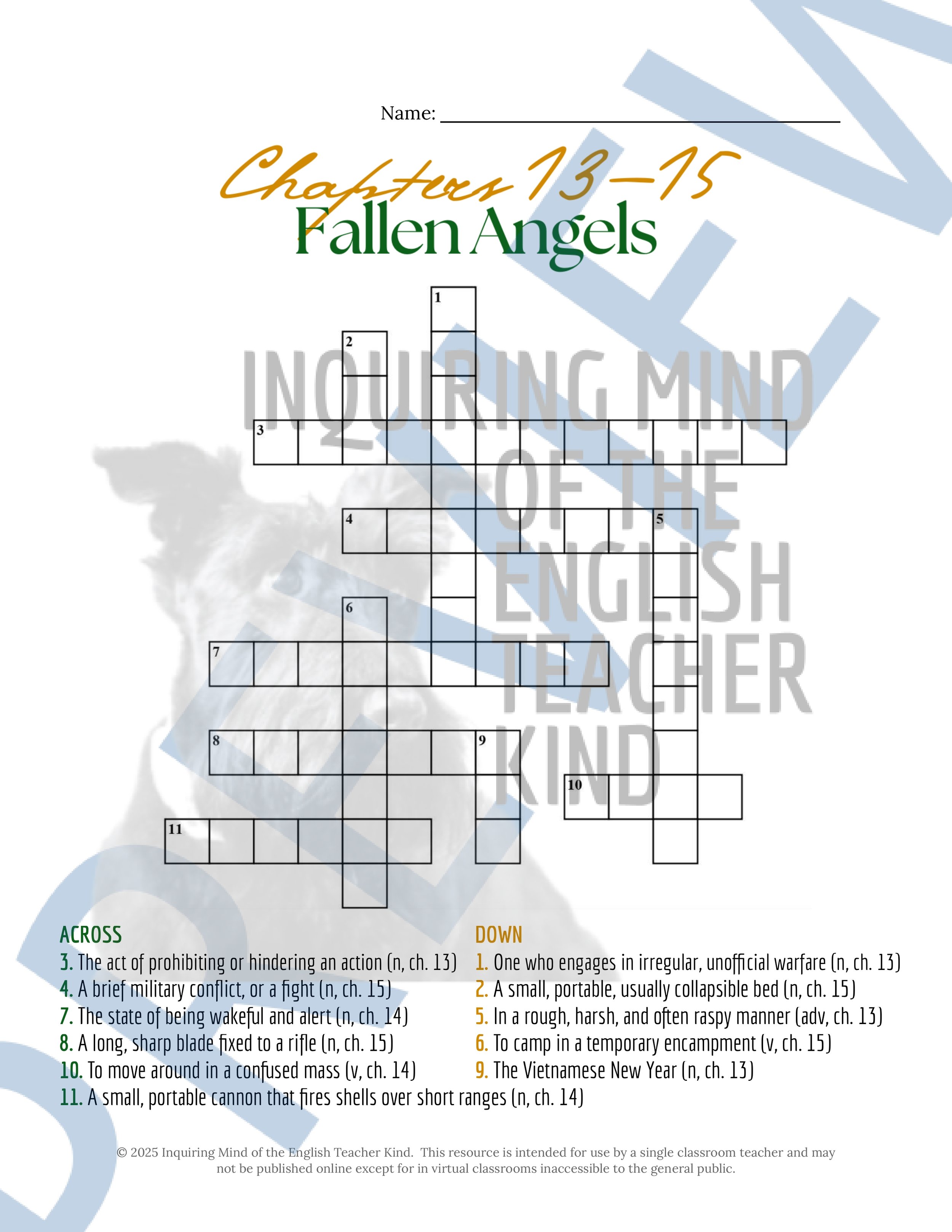 Fallen Angels Quizzes, Worksheets, Research Project, Test, and Answer Keys Mega Bundle from Inquiring Mind of the English Teacher Kind