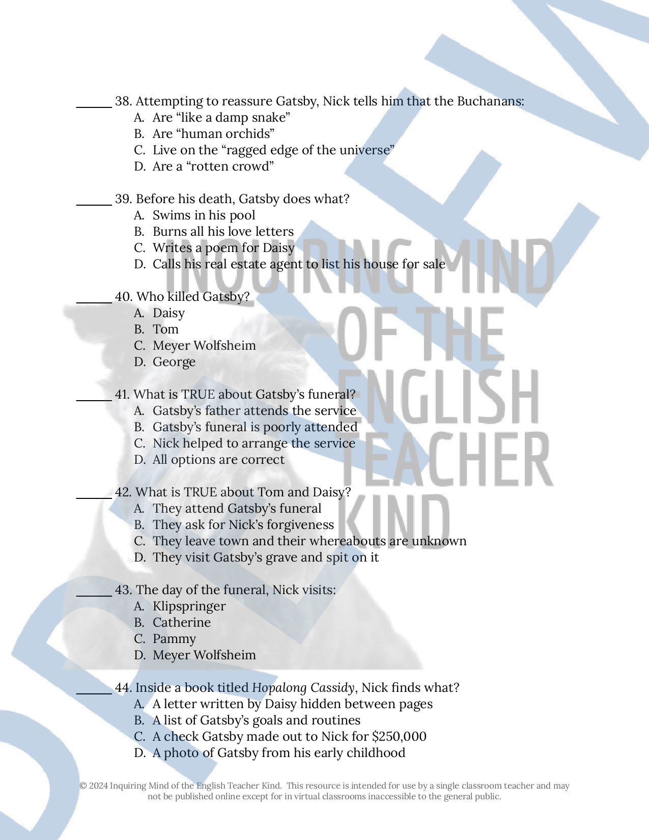 The Great Gatsby by F. Scott Fitzgerald Test, Answer Key, and Study Guide for High School