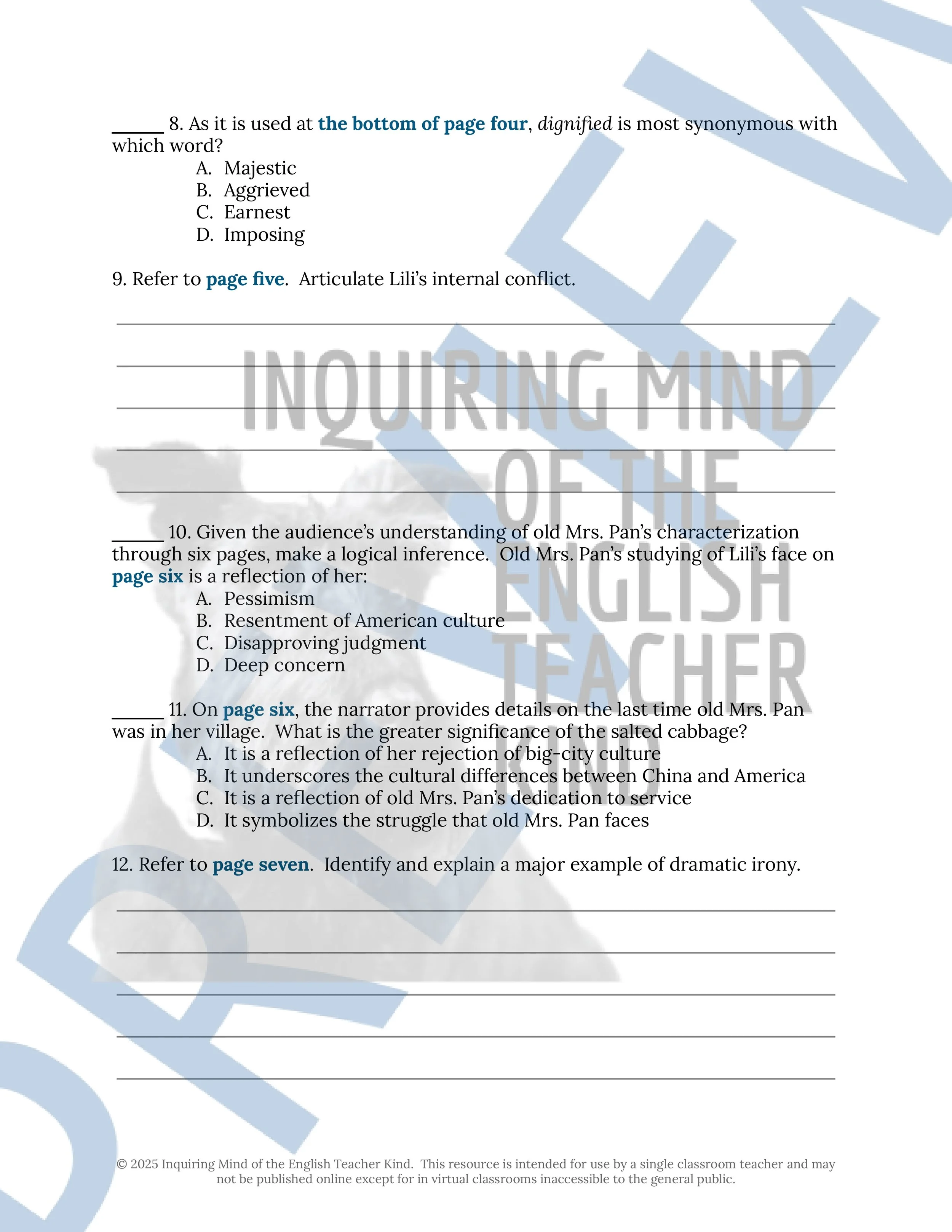 "The Good Deed" by Pearl S. Buck Quiz, Analysis Worksheet, Vocabulary Games, and Answer Keys for High School from Inquiring Mind of the English Teacher Kind