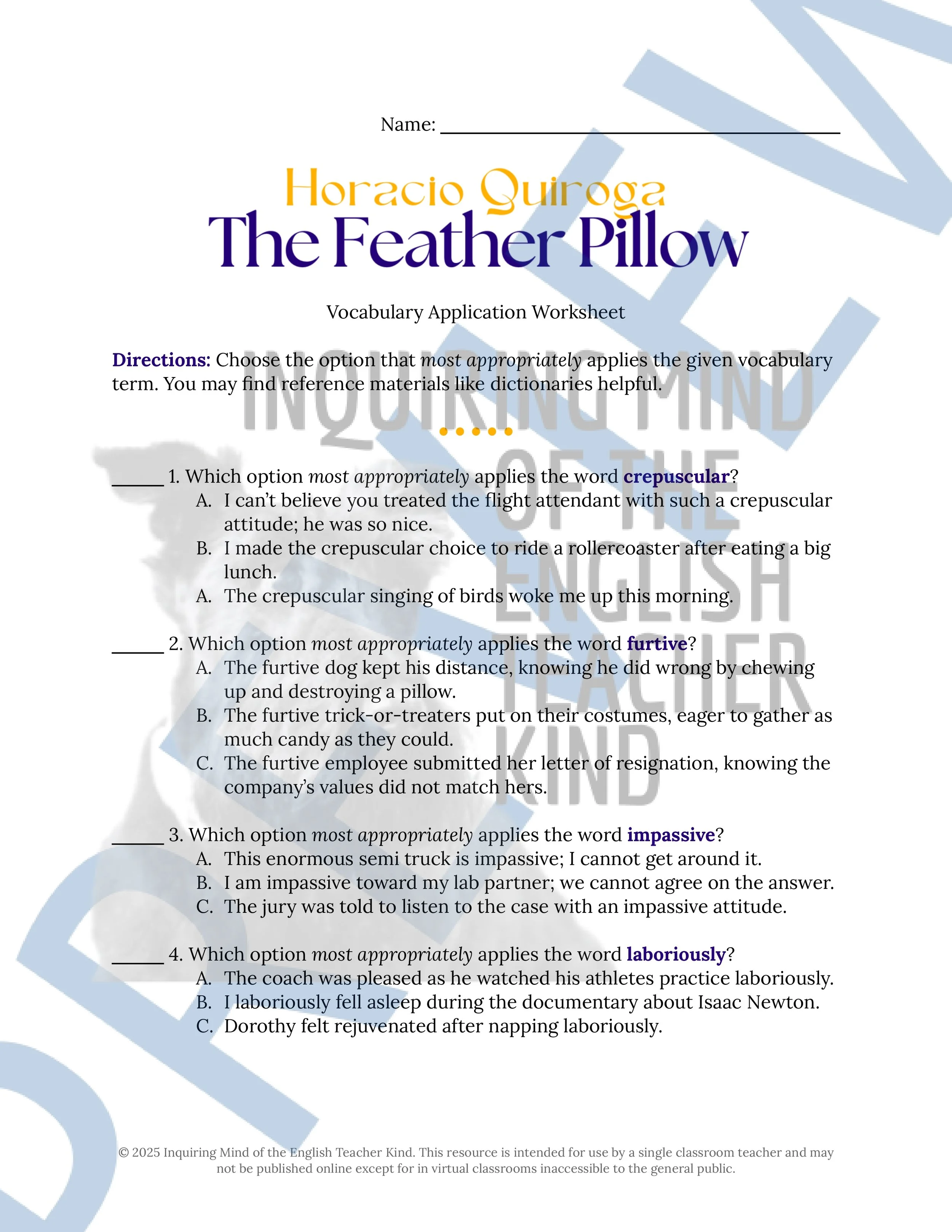 The Feather Pillow by Horacio Quiroga Vocabulary Activities (1).jpg