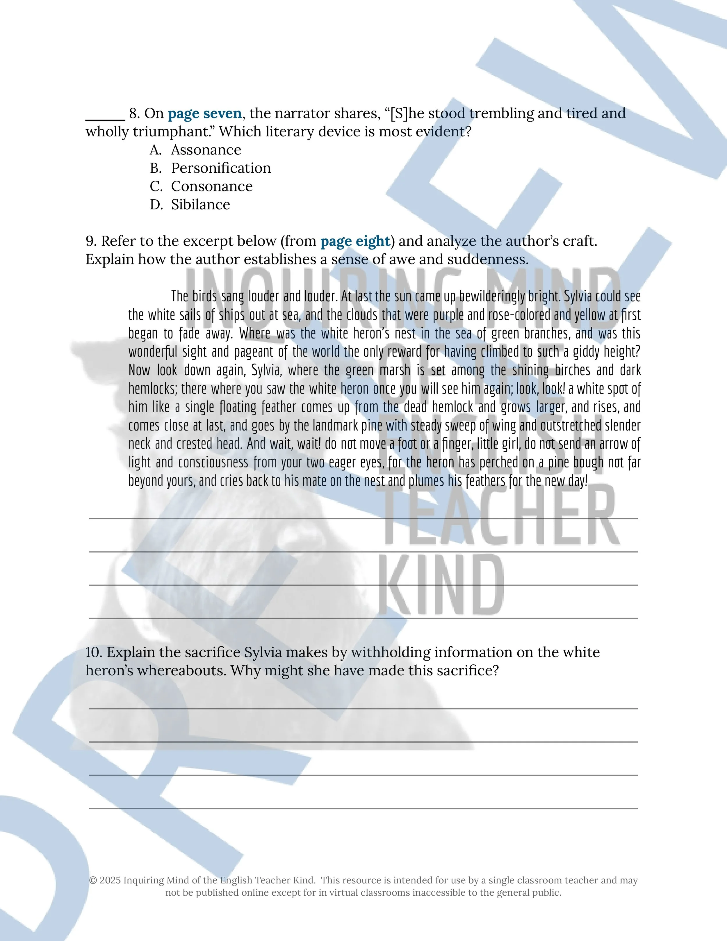 "A White Heron" by Sarah Orne Jewett Quiz, Analysis Worksheet, Vocabulary Activities, and Sub Plans for High School from Inquiring Mind of the English Teacher Kind