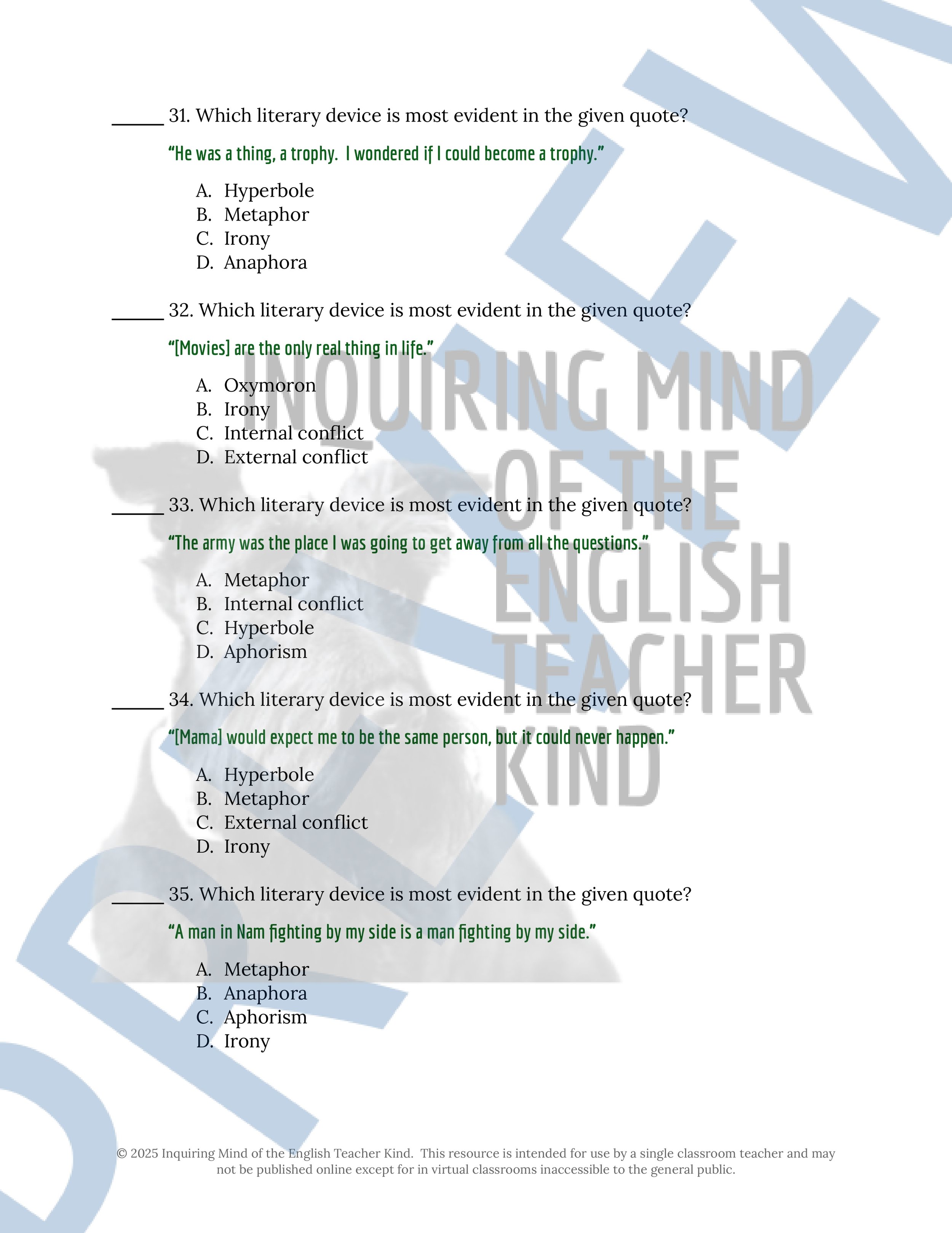 Fallen Angels by Walter Dean Myers Test and Answer Key with a Study Guide for High School English Language Arts from Inquiring Mind of the English Teacher Kind
