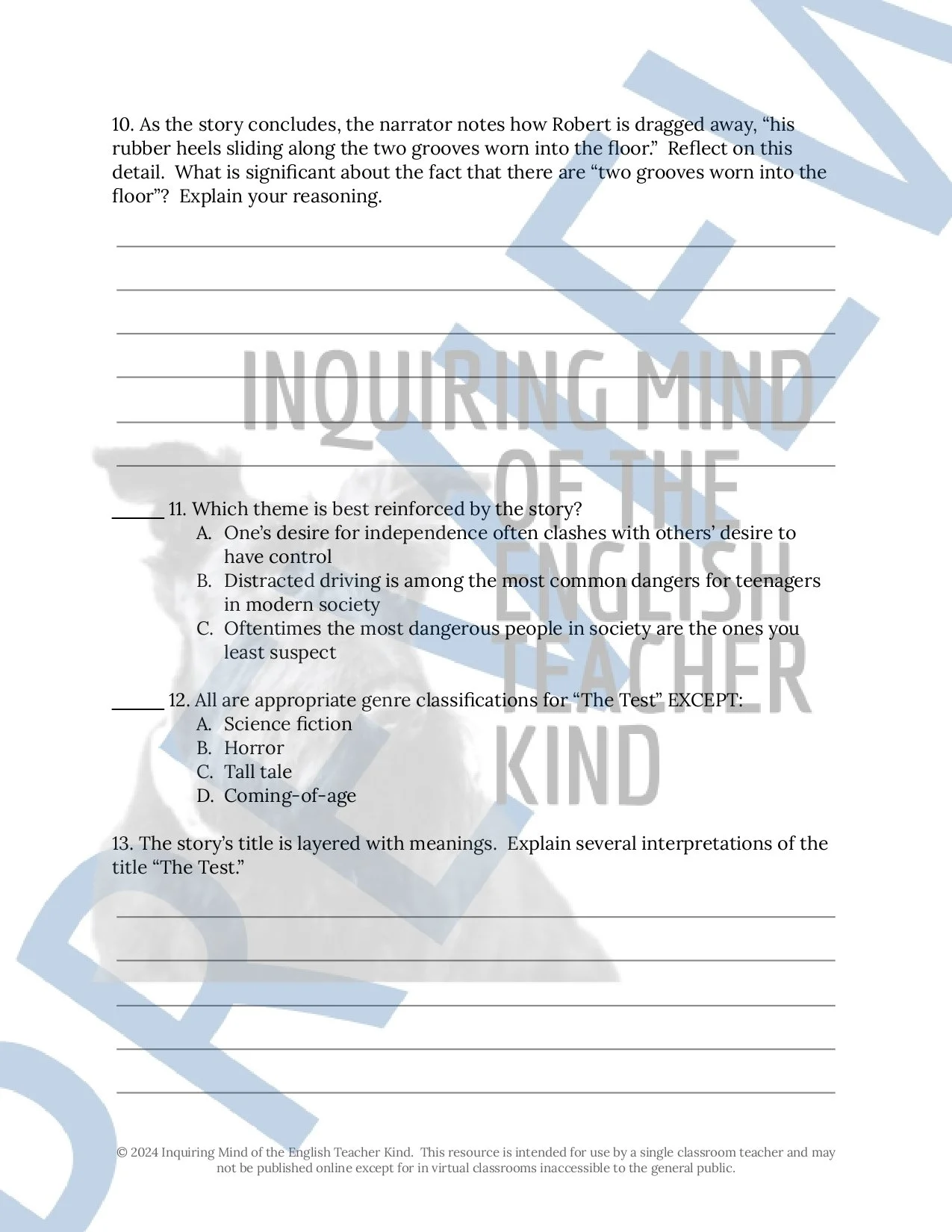 "The Test" by Theodore Thomas Quiz, Close Reading Activity, and Vocabulary Games for High School