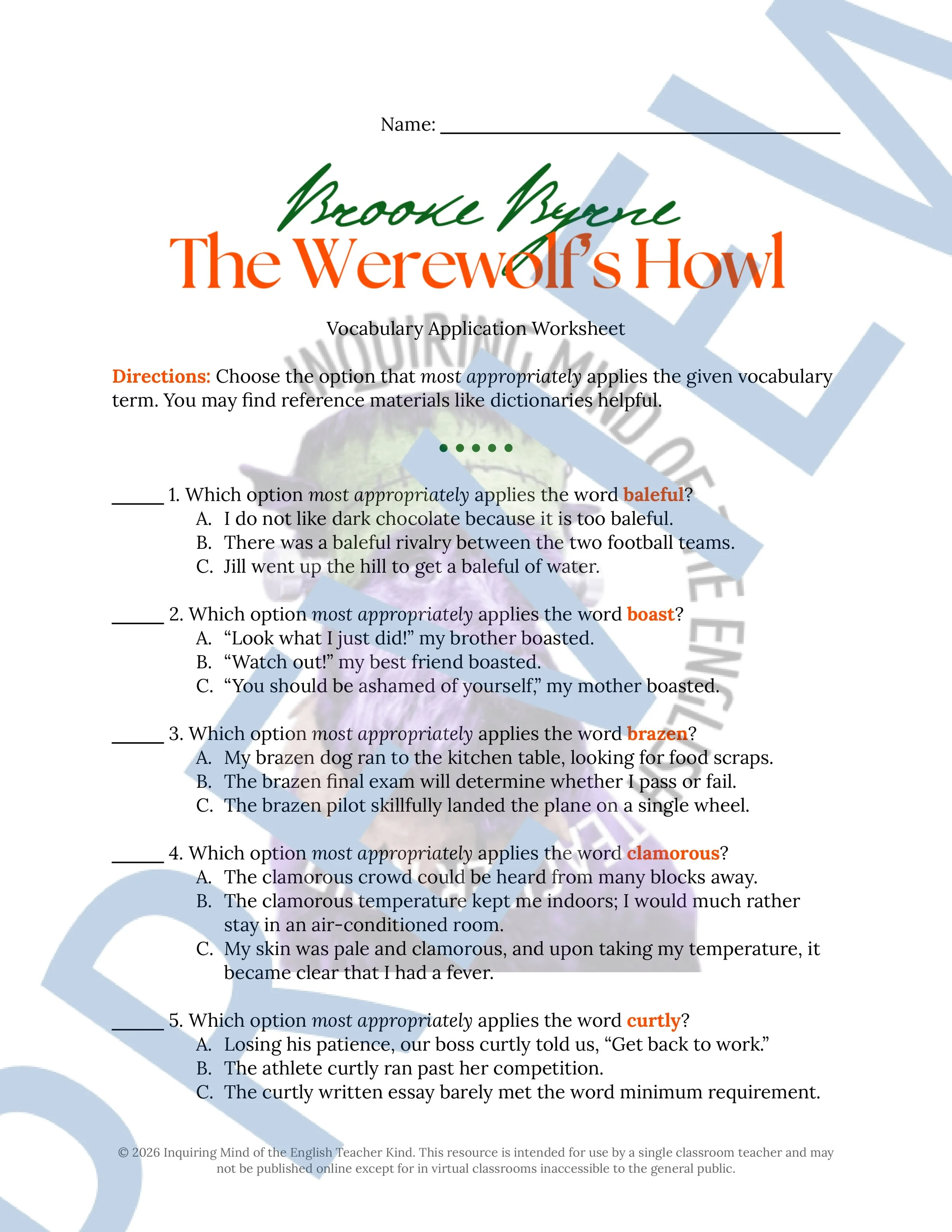 The Werewolf's Howl High School Short Story for Halloween Vocabulary Activities - Crossword Puzzle, Word Search, and Worksheet (1).jpg