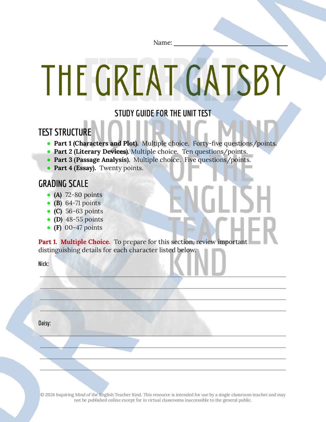 The Great Gatsby by F. Scott Fitzgerald Test, Answer Key, and Study Guide for High School