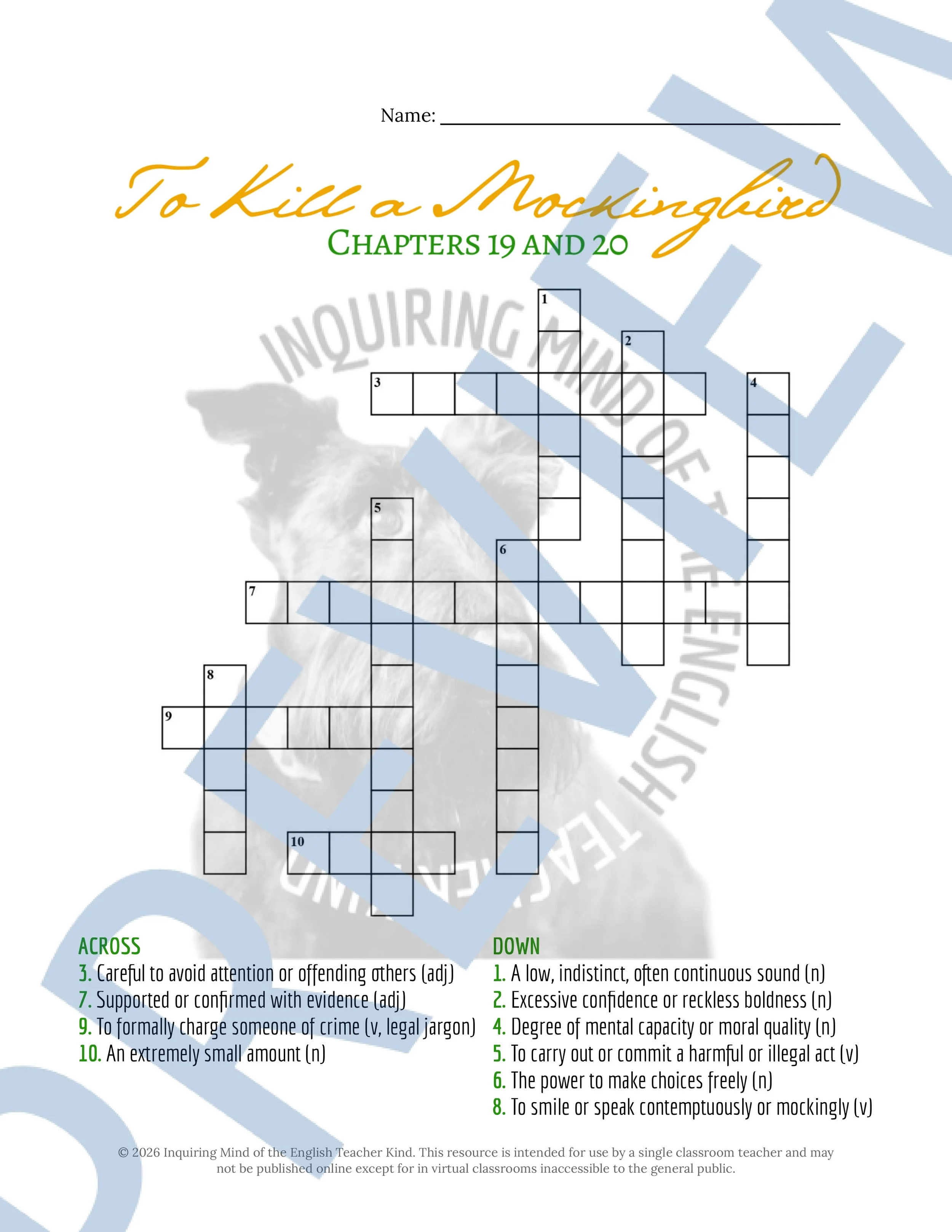 To Kill a Mockingbird Chapters 19 and 20 Vocabulary Worksheet, Crossword Puzzle, and Word Search Game for High School ELA (3).jpg