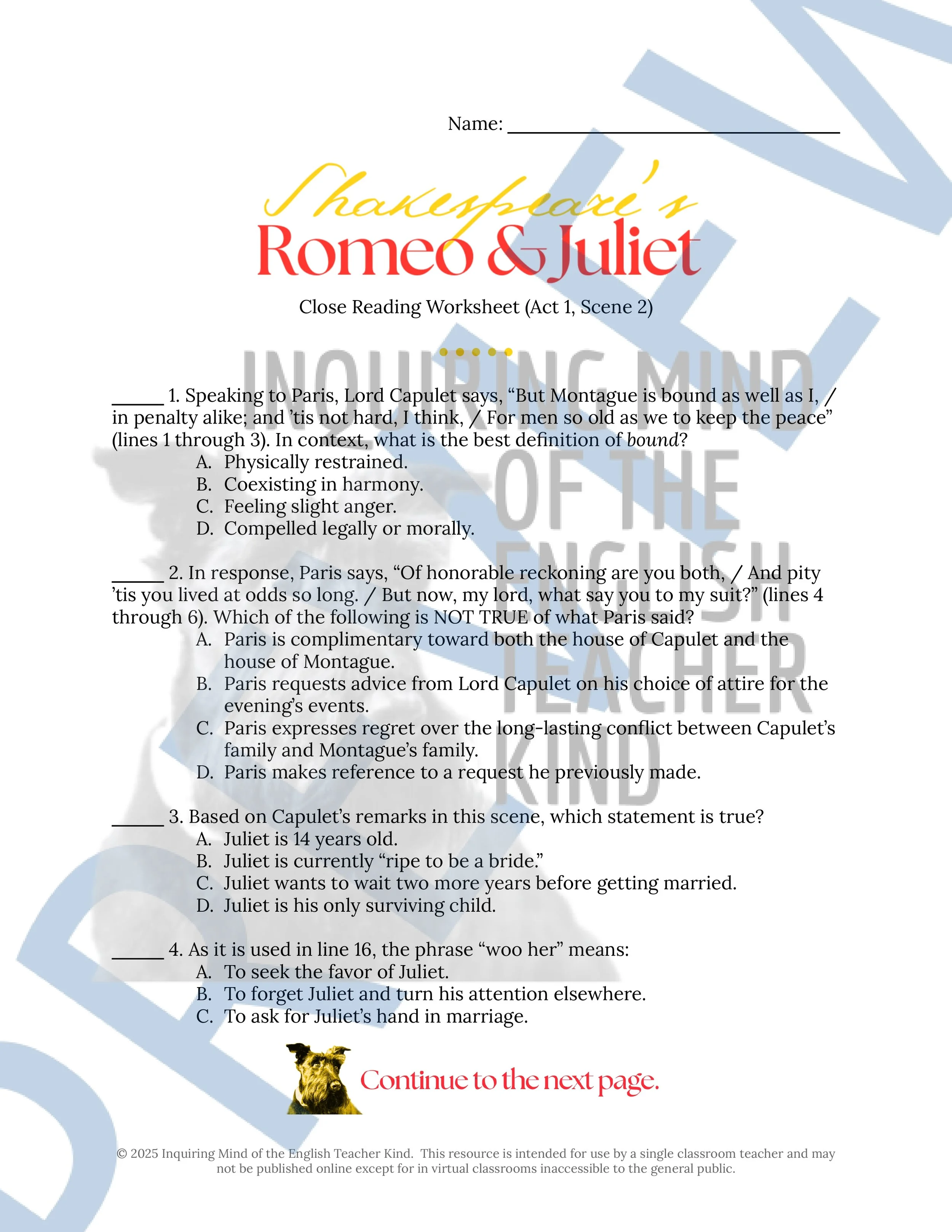 Romeo and Juliet Act 1 Reading Guide, Quiz, and Close Reading Bundle ...