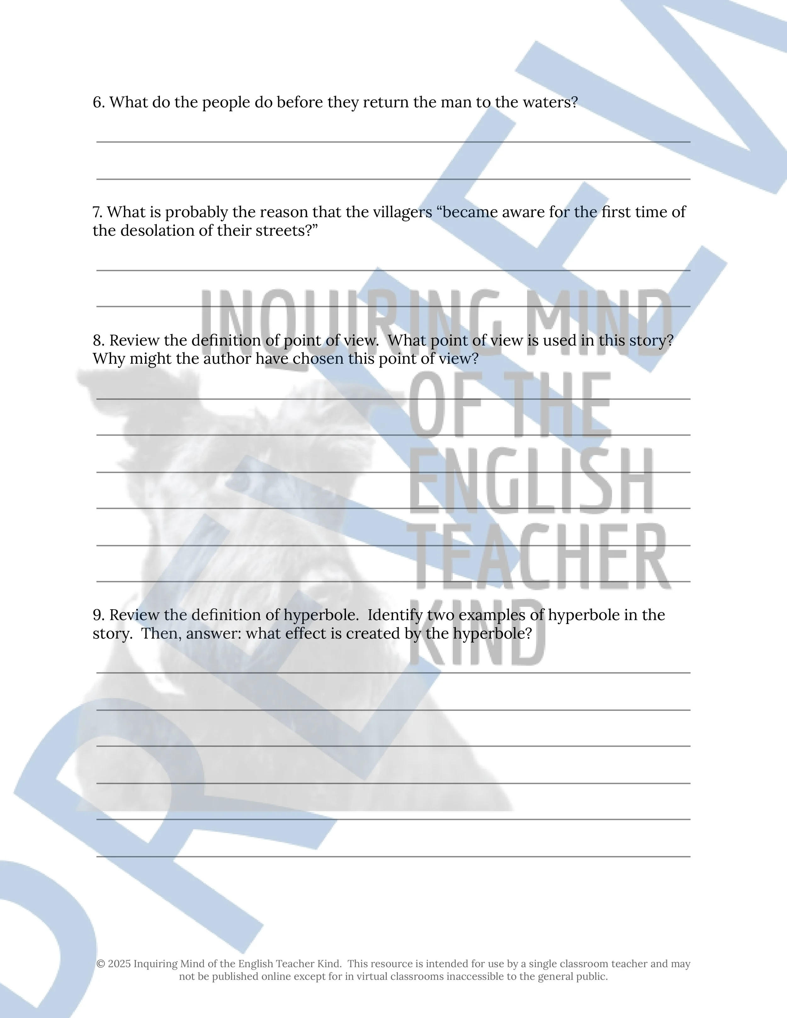 "The Handsomest Drowned Man in the World" by Gabriel Garcia Marquez Quiz, Worksheets, and Vocabulary Games for High School from Inquiring Mind of the English Teacher Kind