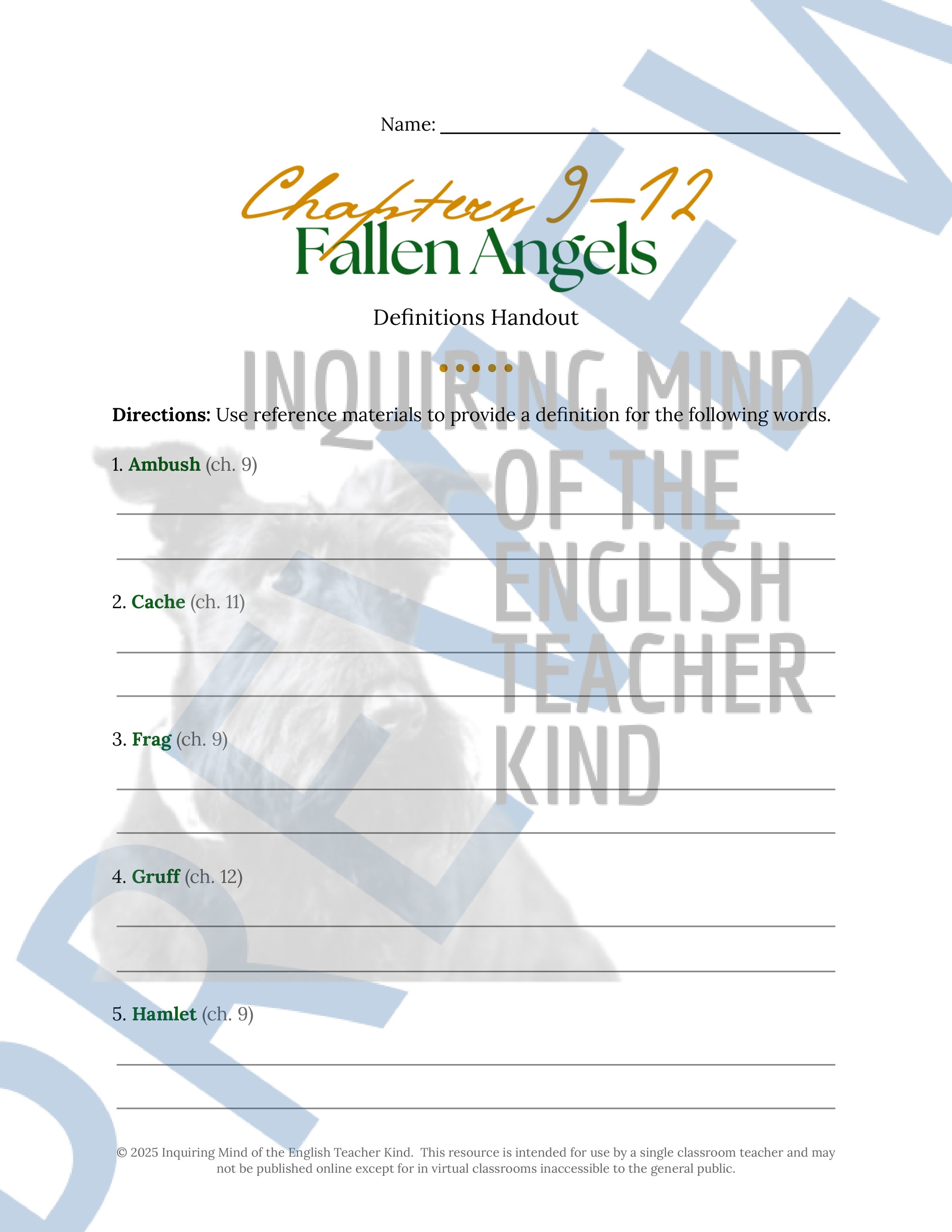 Fallen Angels Quizzes, Worksheets, Research Project, Test, and Answer Keys Mega Bundle from Inquiring Mind of the English Teacher Kind