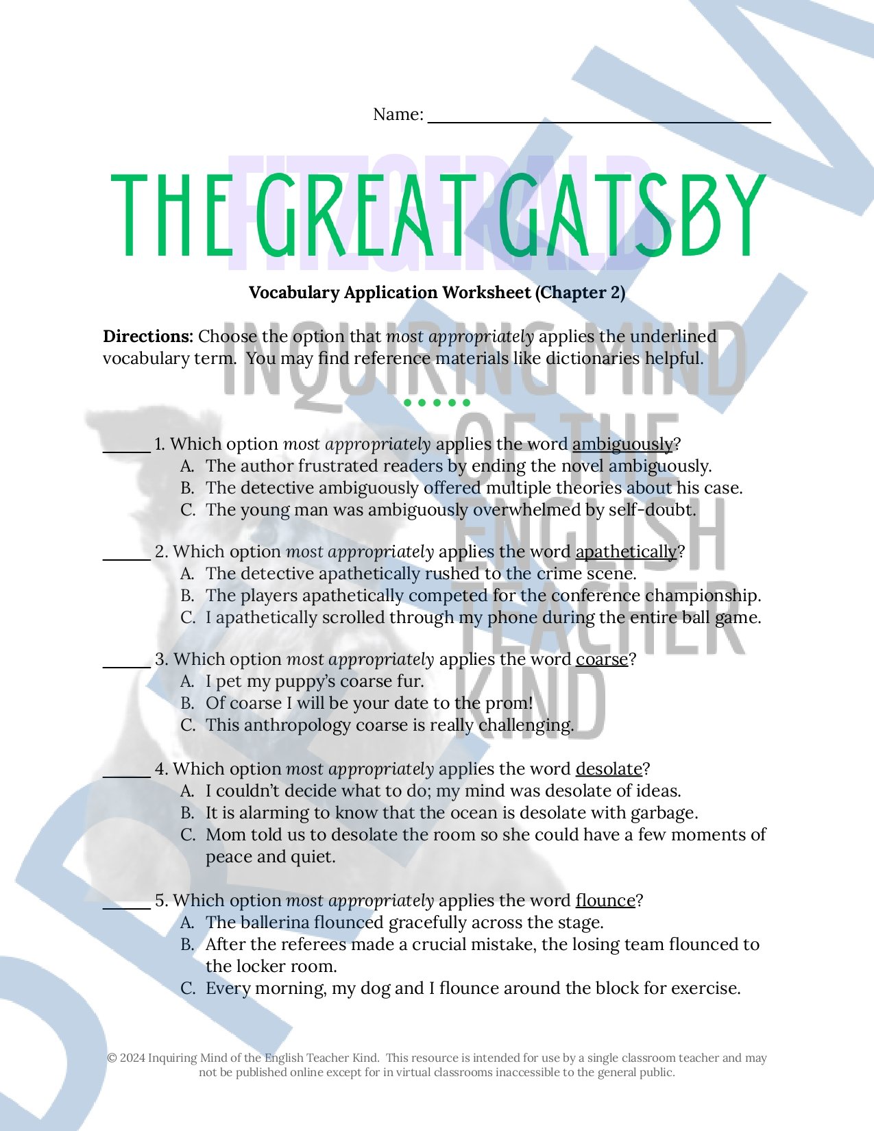 The Great Gatsby by F. Scott Fitzgerald Chapter 2 Quiz, Inference Worksheet, and Vocabulary Games for High School