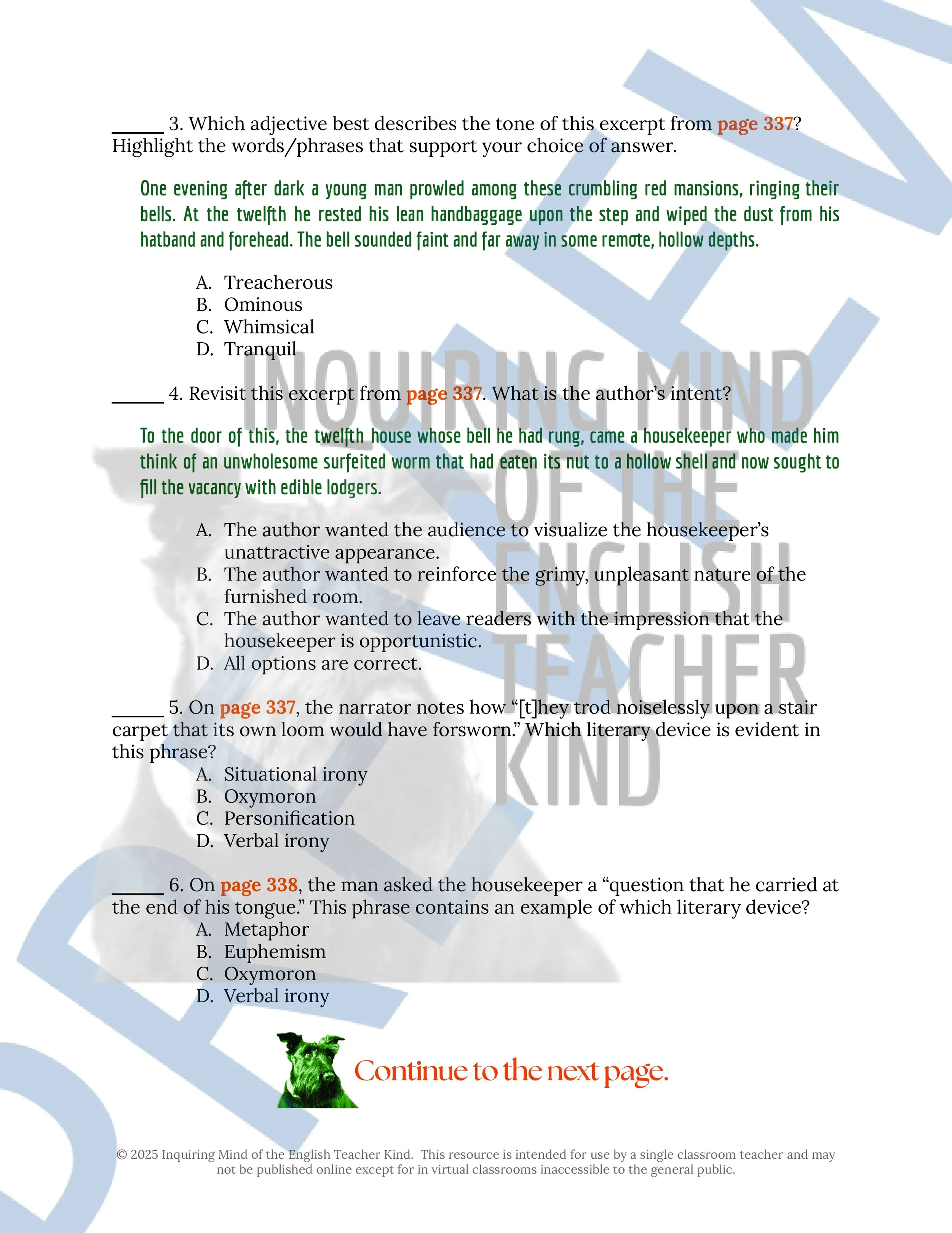 "The Furnished Room" by O. Henry Quiz, Literary Analysis Worksheet, and Vocabulary Activities for High School from Inquiring Mind of the English Teacher Kind