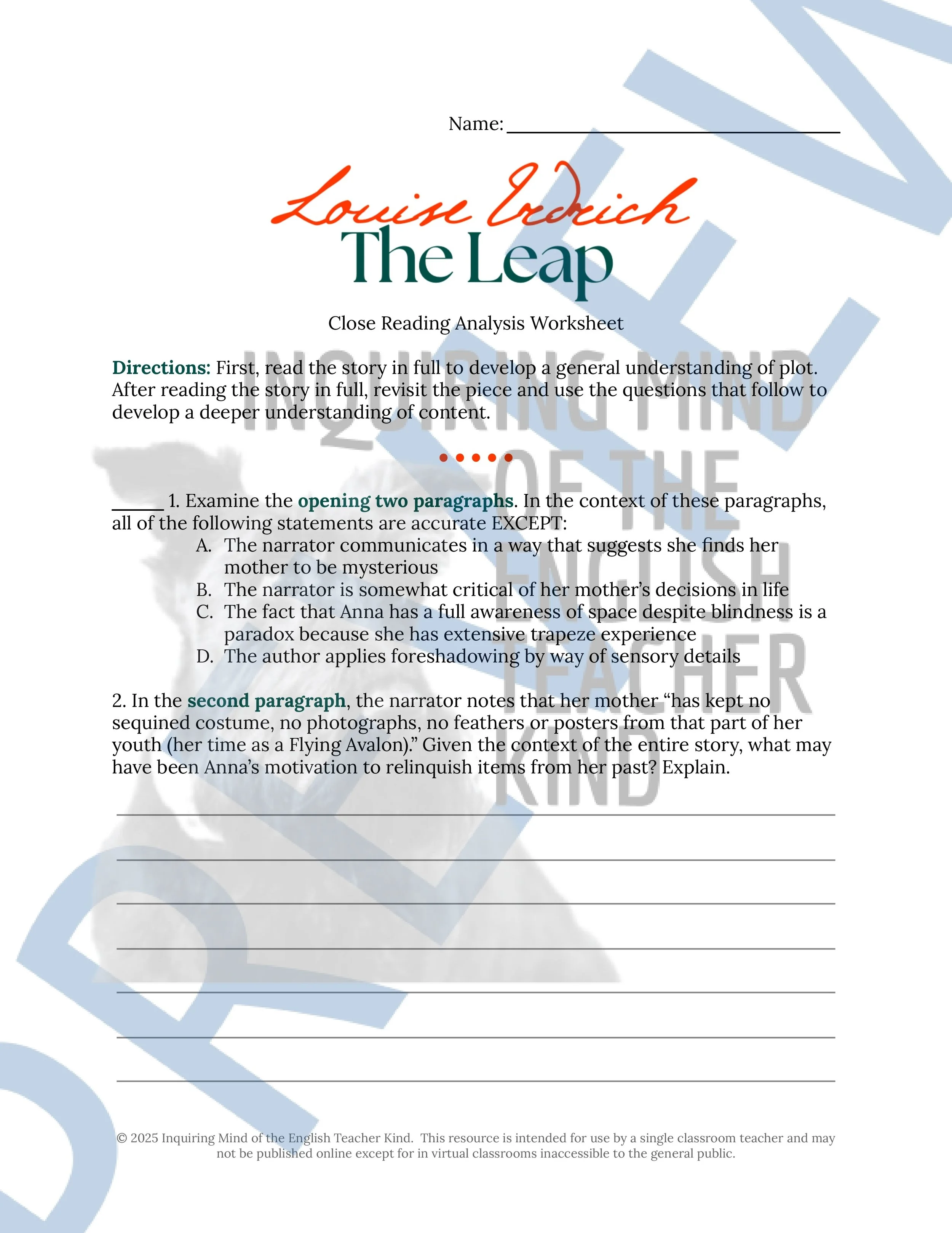 "The Leap" by Louise Erdrich Quiz, Close Reading Analysis Worksheet, and Vocabulary Games for High School from Inquiring Mind of the English Teacher Kind