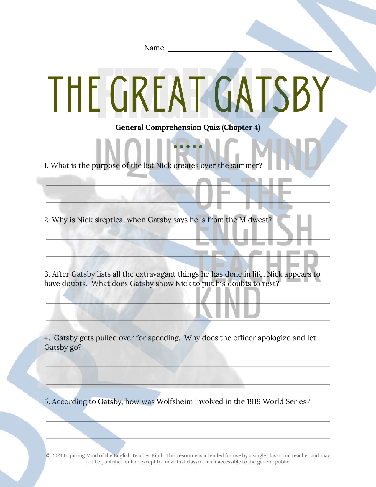 The Great Gatsby by F. Scott Fitzgerald Quiz and Answer Key Bundle for High School