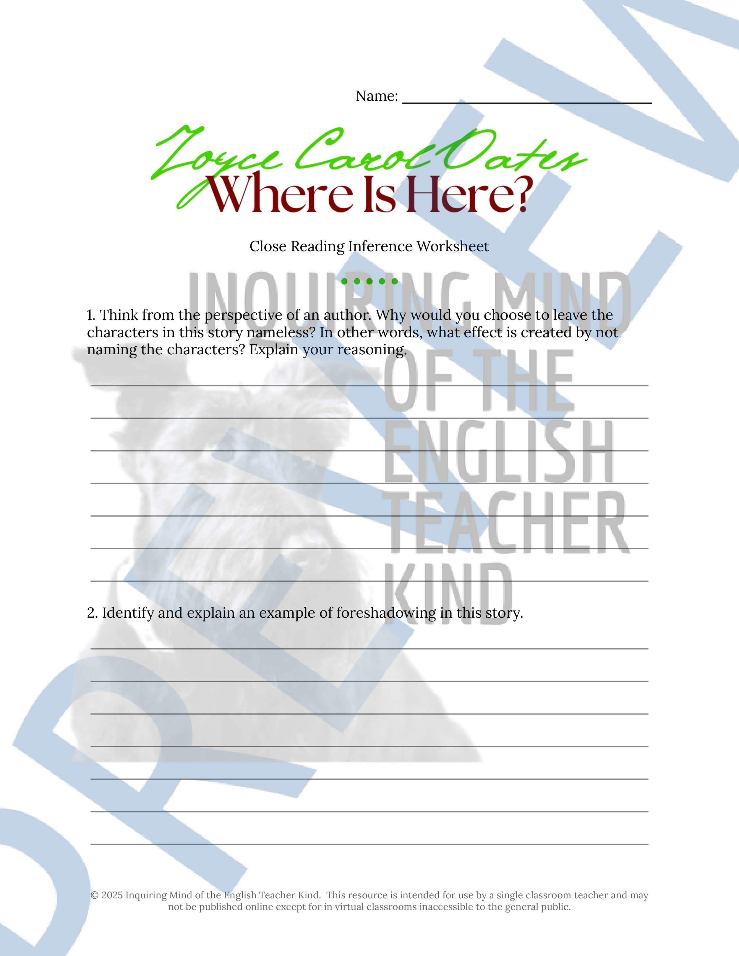 "Where Is Here?" by Joyce Carol Oates Quiz, Close Reading Analysis Worksheet, Vocabulary Activities, and Answer Keys for High School from Inquiring Mind of the English Teacher Kind