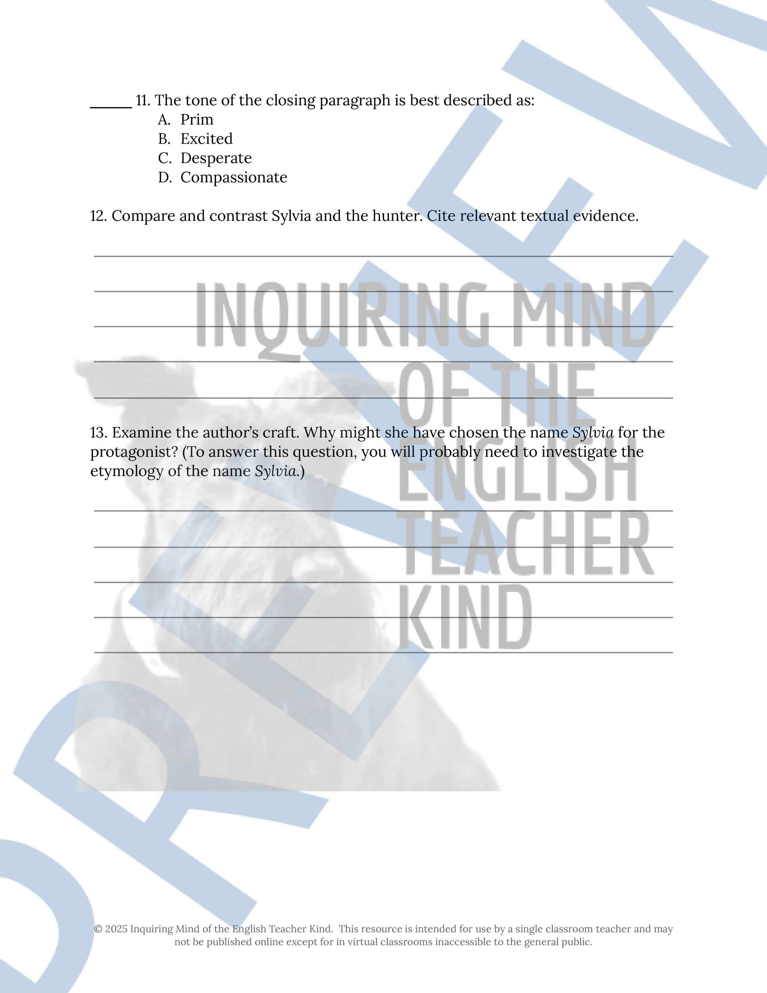 "A White Heron" by Sarah Orne Jewett Quiz, Analysis Worksheet, Vocabulary Activities, and Sub Plans for High School from Inquiring Mind of the English Teacher Kind