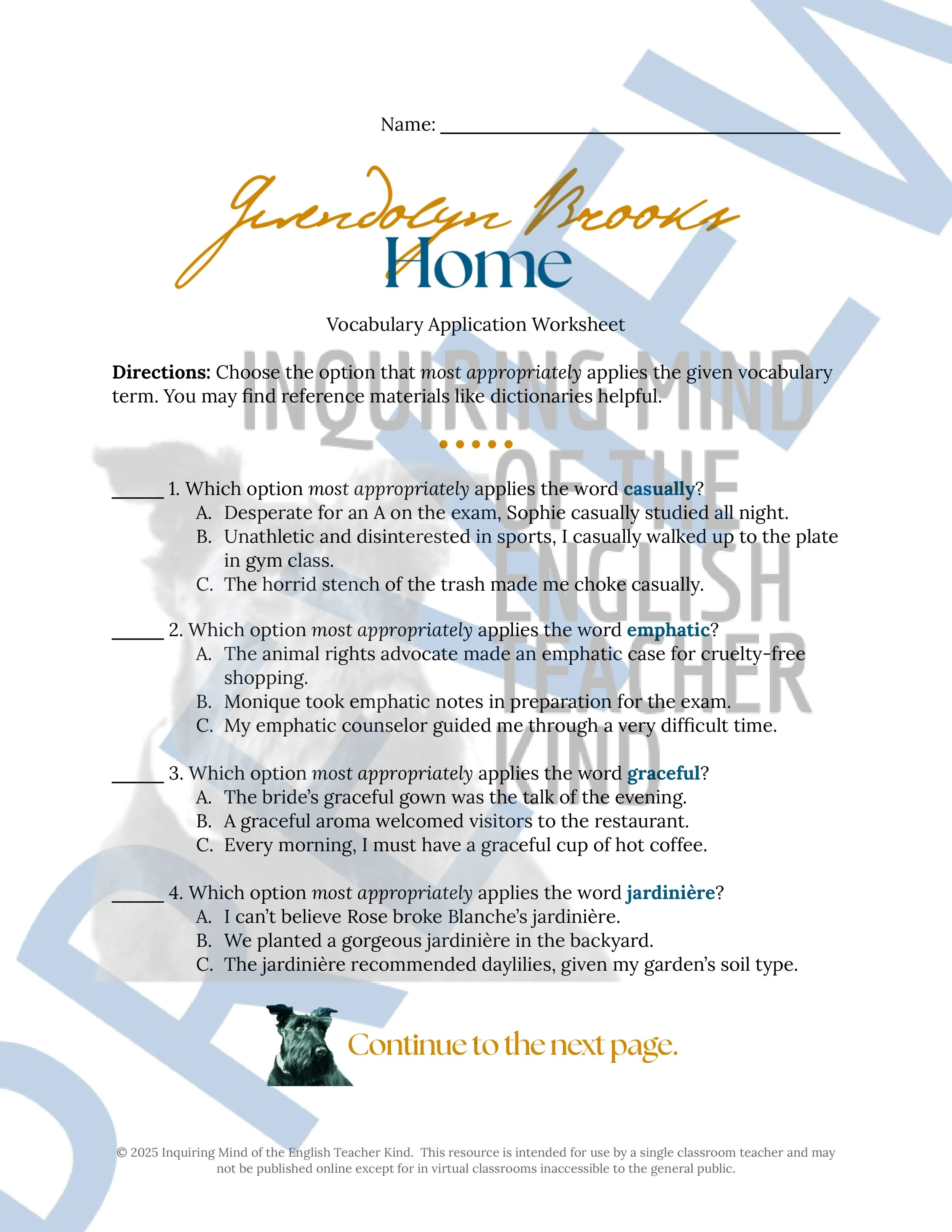 "Home" by Gwendolyn Brooks Quiz, Analysis Worksheet, Vocabulary Activities, and Answer Keys for High School from Inquiring Mind of the English Teacher Kind