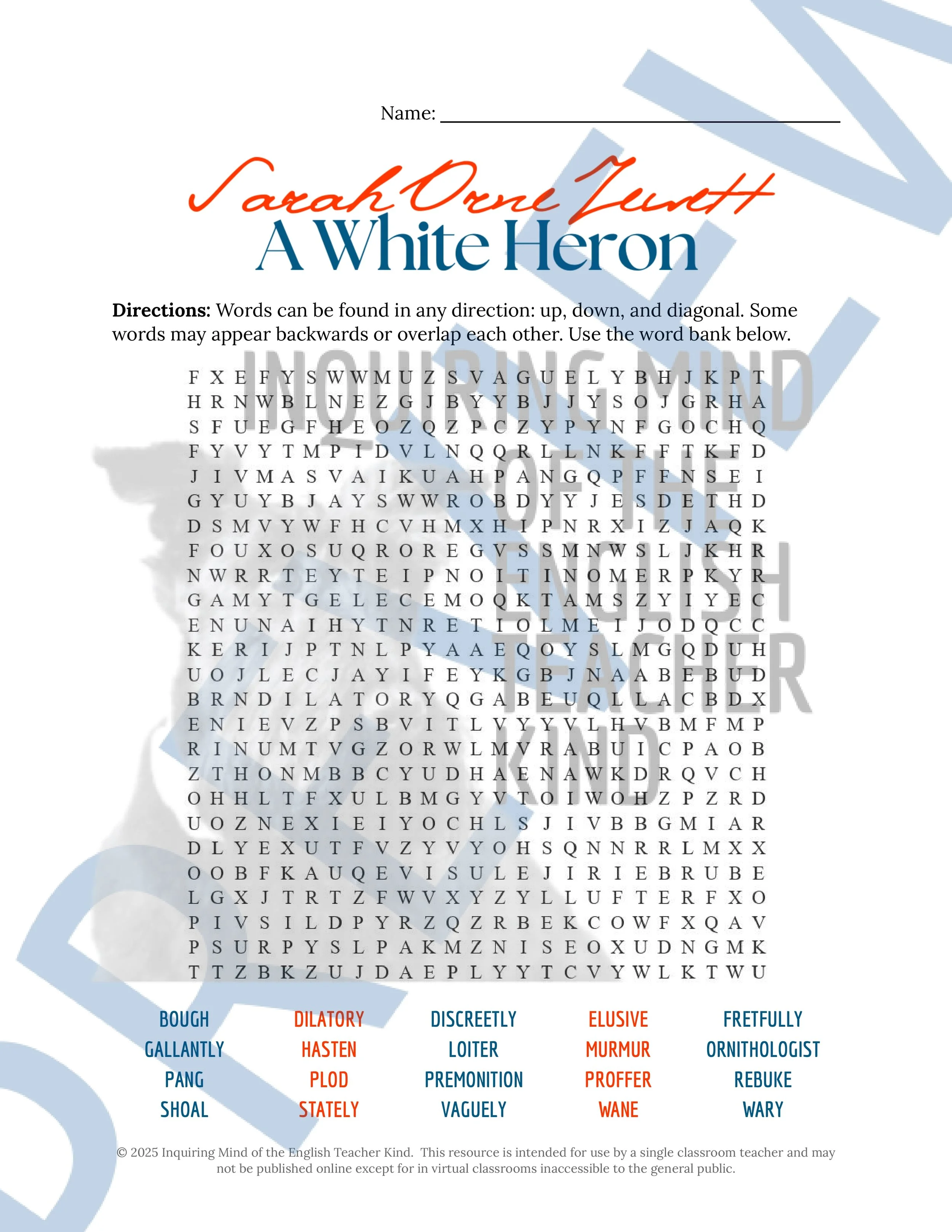 "A White Heron" by Sarah Orne Jewett Quiz, Analysis Worksheet, Vocabulary Activities, and Sub Plans for High School from Inquiring Mind of the English Teacher Kind