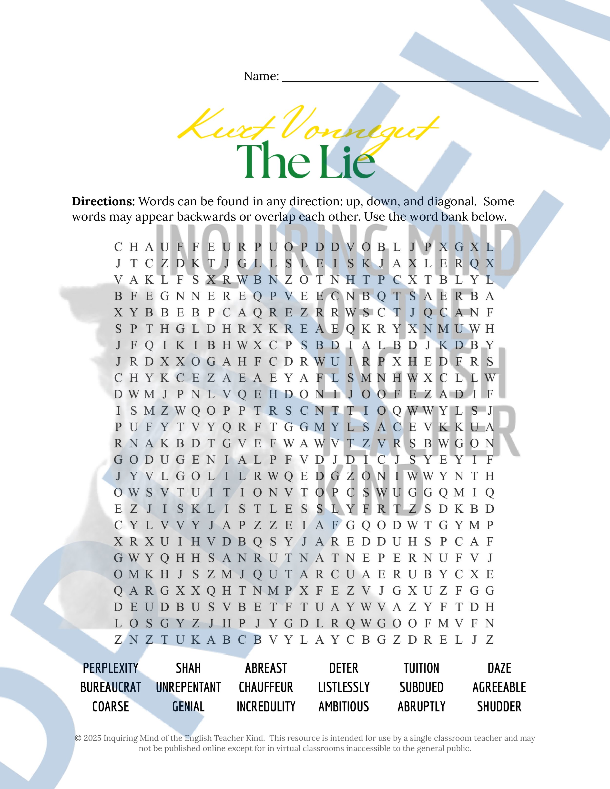 "The Lie" by Kurt Vonnegut Quiz, Close Reading Analysis Worksheet, Vocabulary Activities, and Answer Keys for High School from Inquiring Mind of the English Teacher Kind