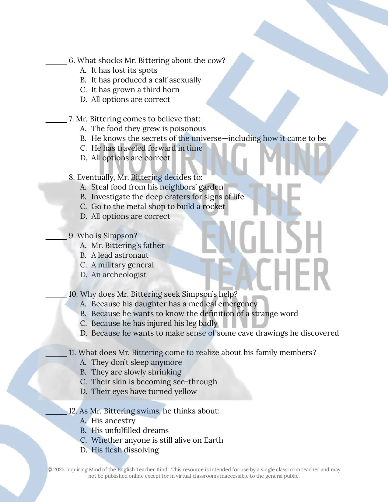 "Dark They Were and Golden Eyed" by Ray Bradbury Quiz, Close Reading Inference Worksheet, Vocabulary Games, and Answer Keys from Inquiring Mind of the English Teacher Kind