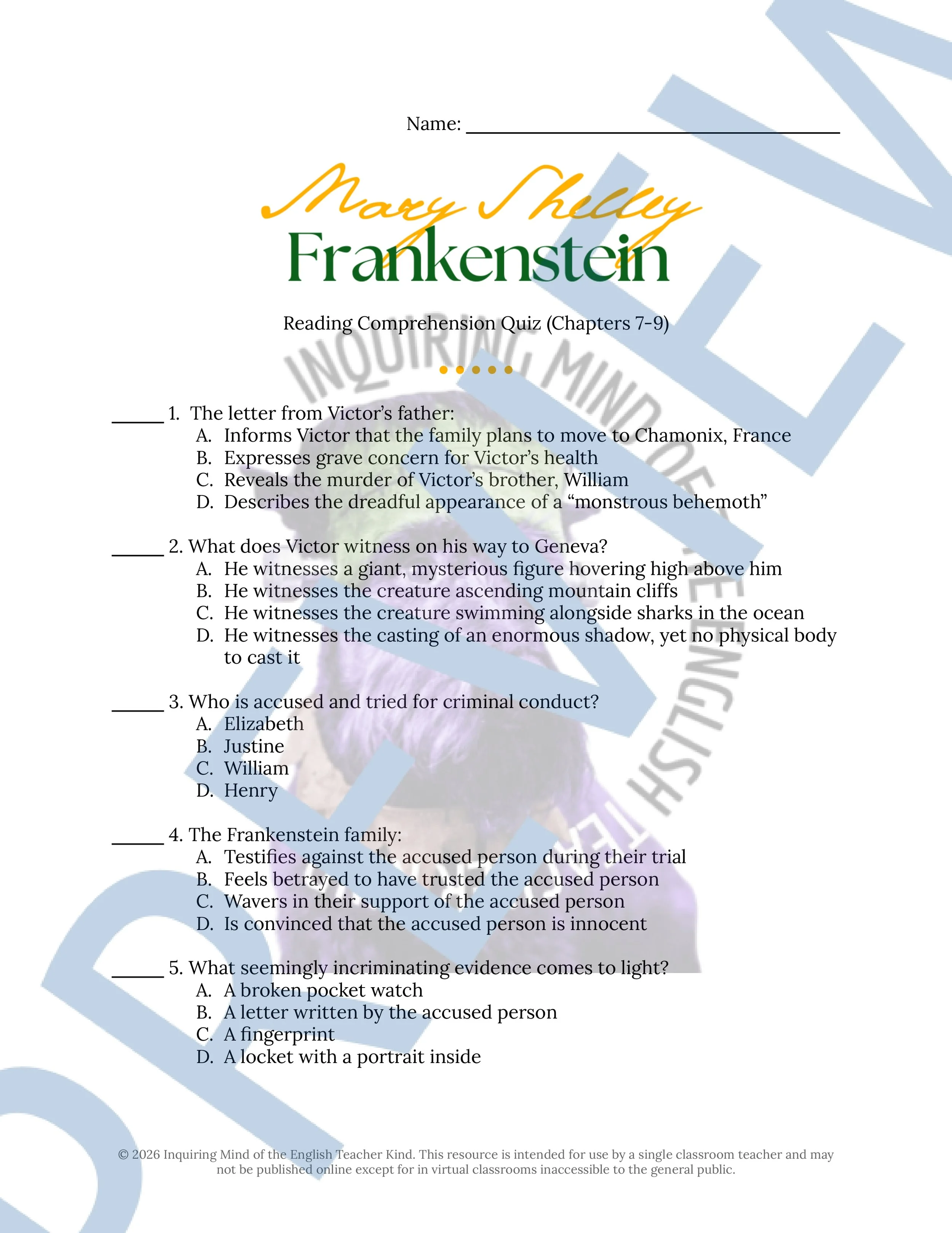 Frankenstein by Mary Shelley Chapters 7, 8, and 9 Quiz and Answer Key (1).jpg