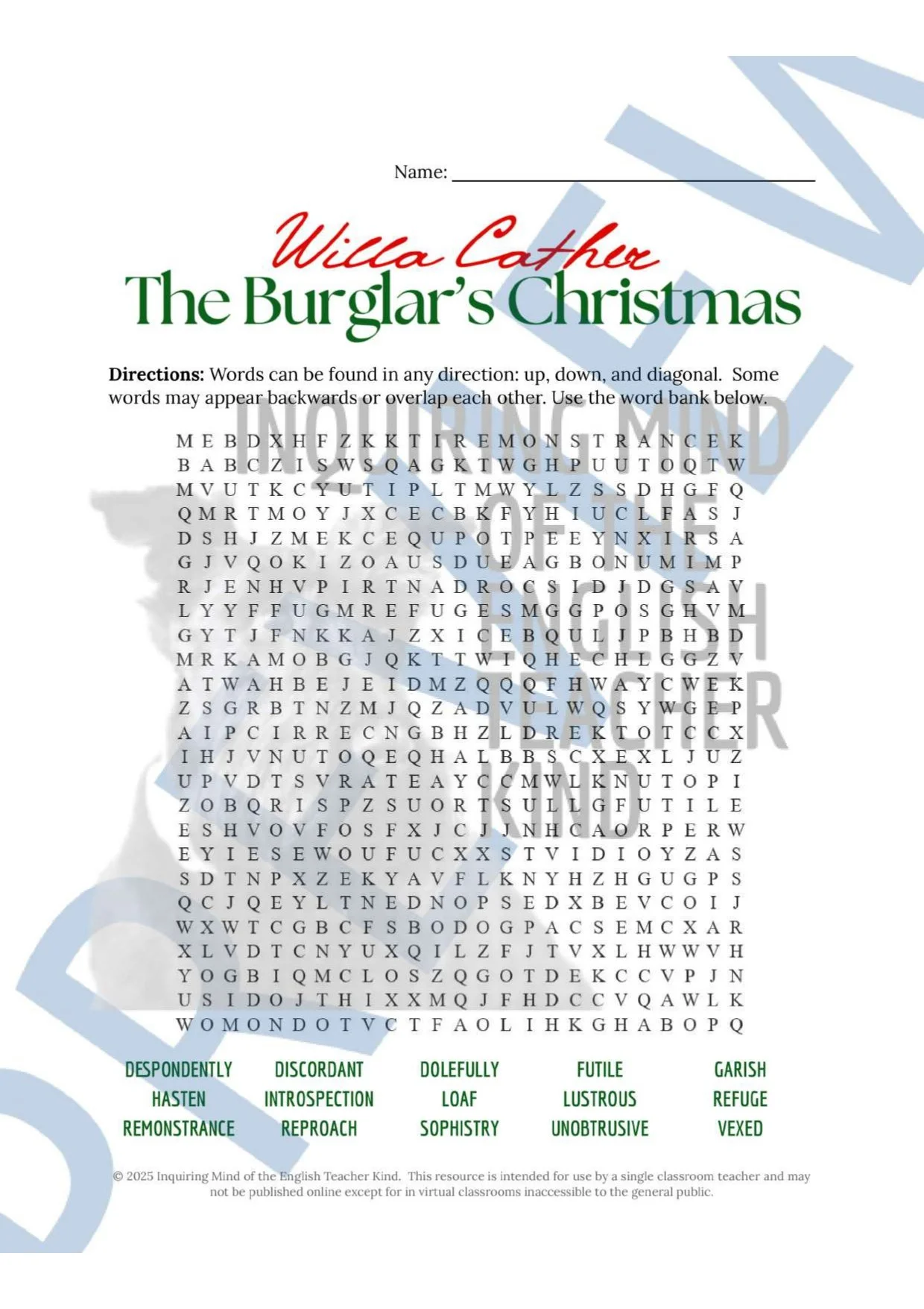 The Burglar's Christmas Quiz, Analysis Worksheet, and Vocabulary Activities from Inquiring Mind of the English Teacher Kind