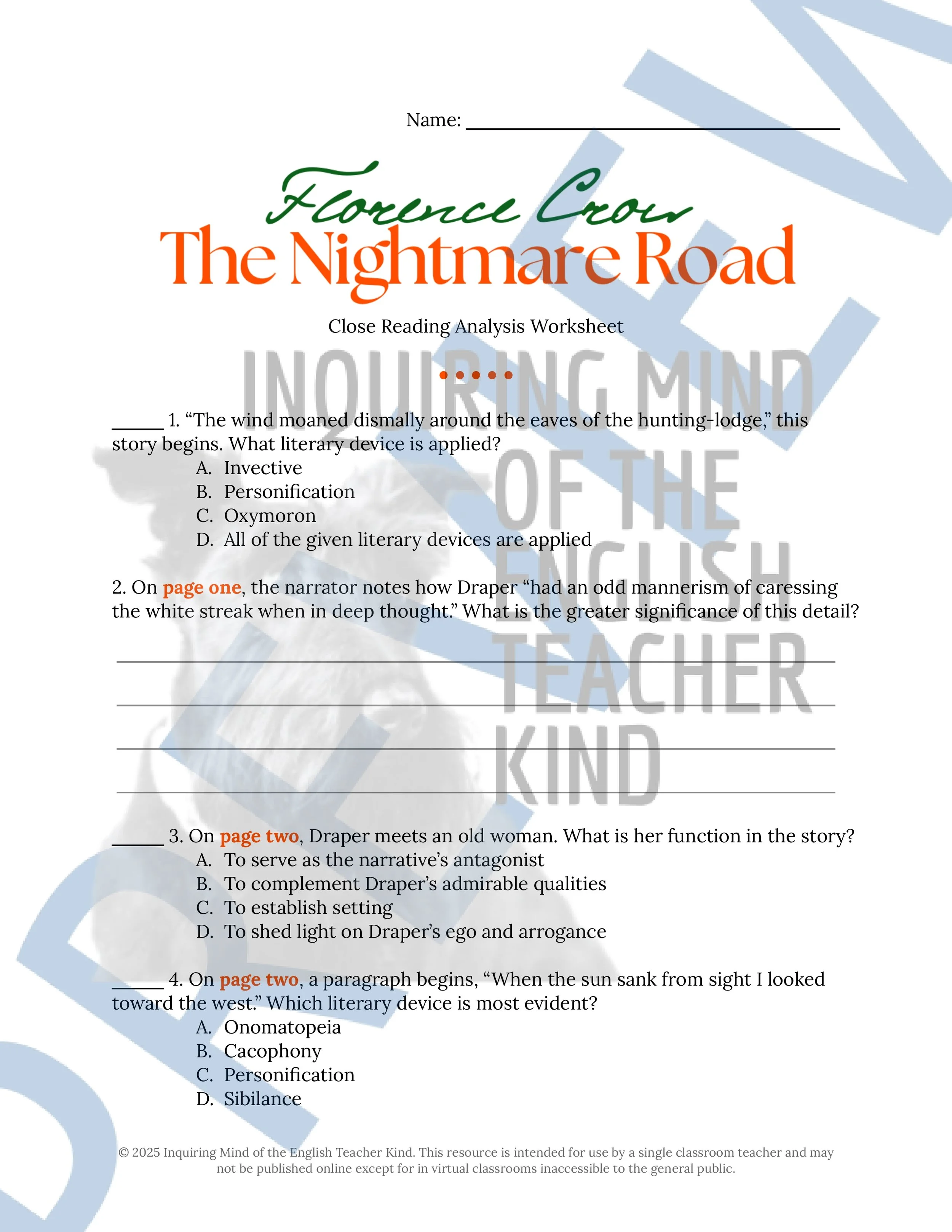 "The Nightmare Road" by Florence Crow Quiz, Analysis Activity, Vocabulary Games, and Halloween Short Story from Inquiring Mind of the English Teacher Kind