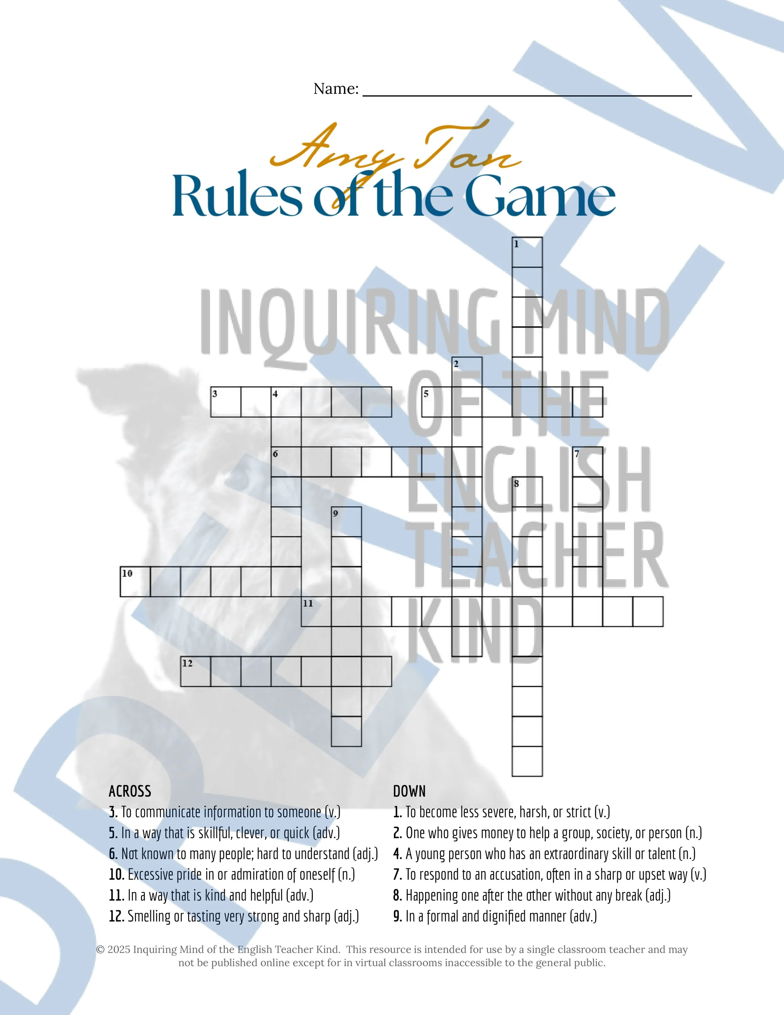"Rules of the Game" by Amy Tan Quiz, Close Reading Worksheet, Vocabulary Activities, and Answer Keys for High School from Inquiring Mind of the English Teacher Kind