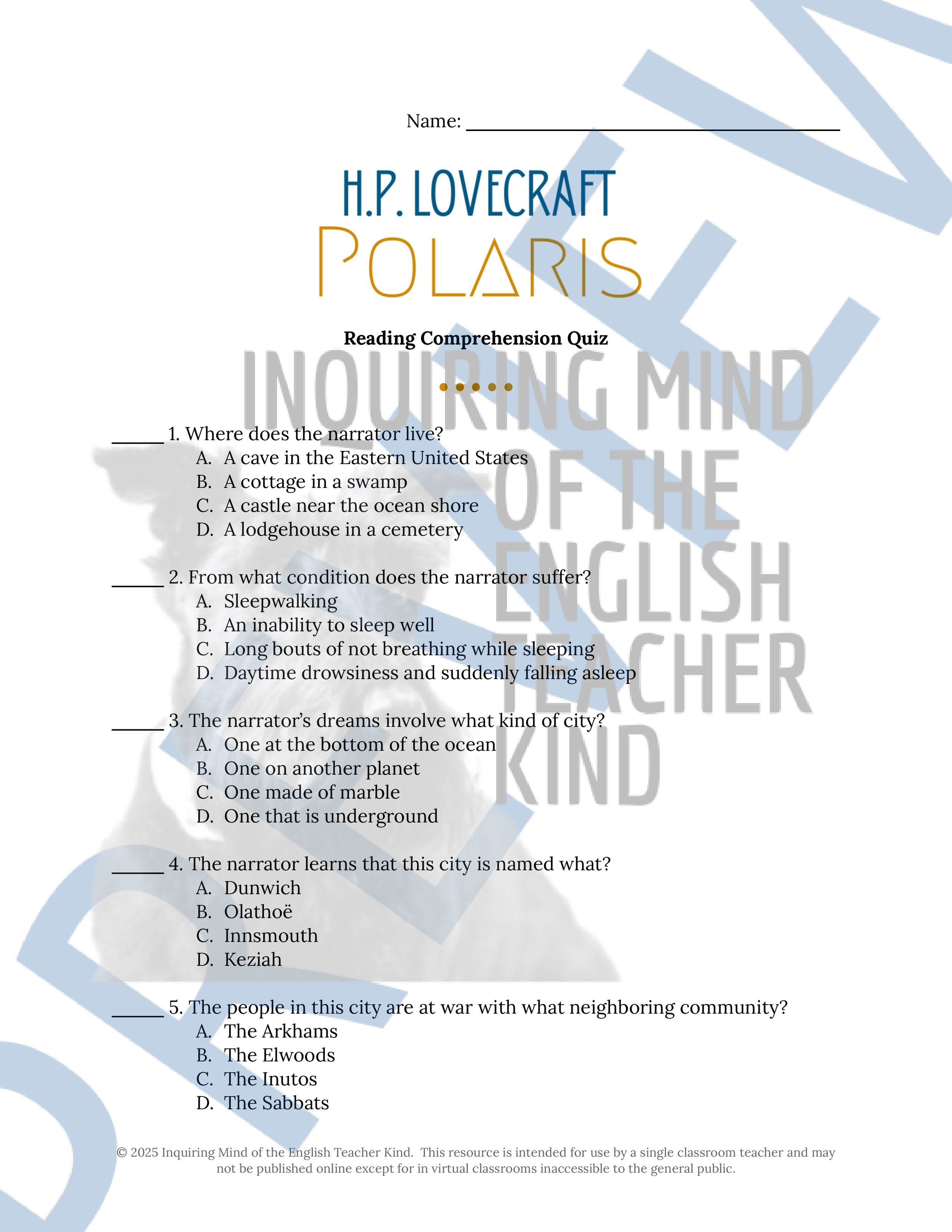 Polaris by H.P. Lovecraft Short Story Quiz and Answer Key for High School from Inquiring Mind of the English Teacher Kind (1).jpg