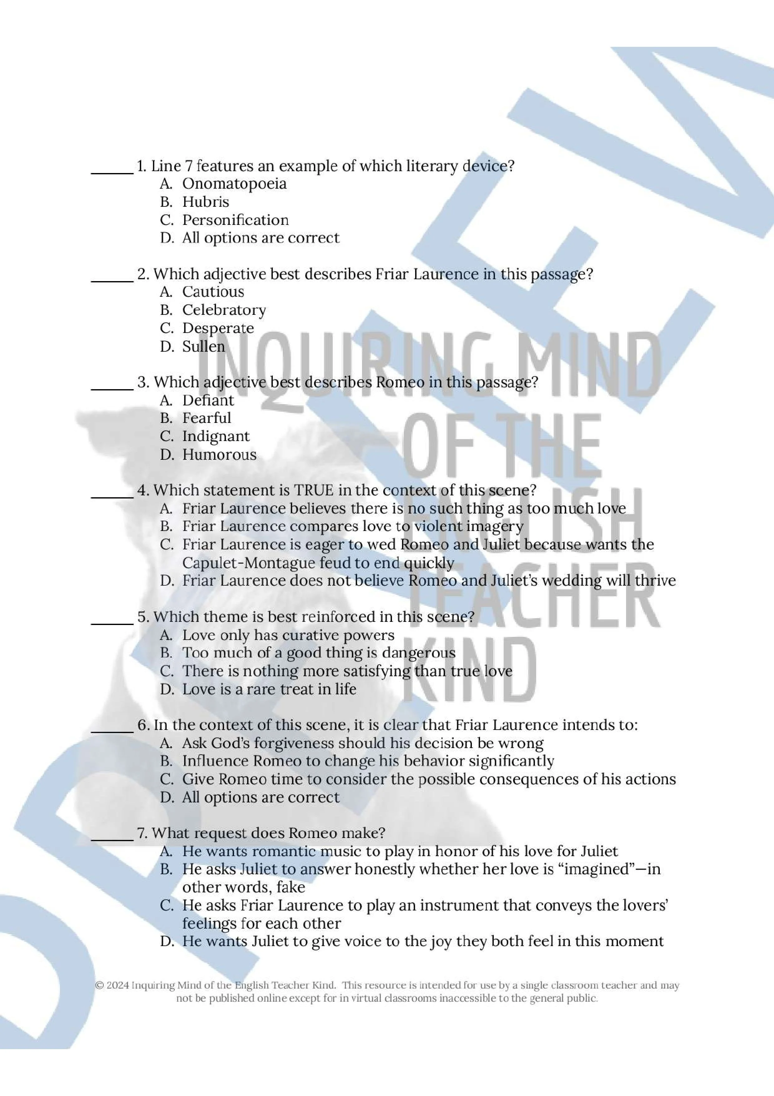 Romeo and Juliet Act 2 Quiz, Close Reading Worksheets, and Vocabulary Games for High School English Language Arts by Inquiring Mind of the English Teacher Kind
