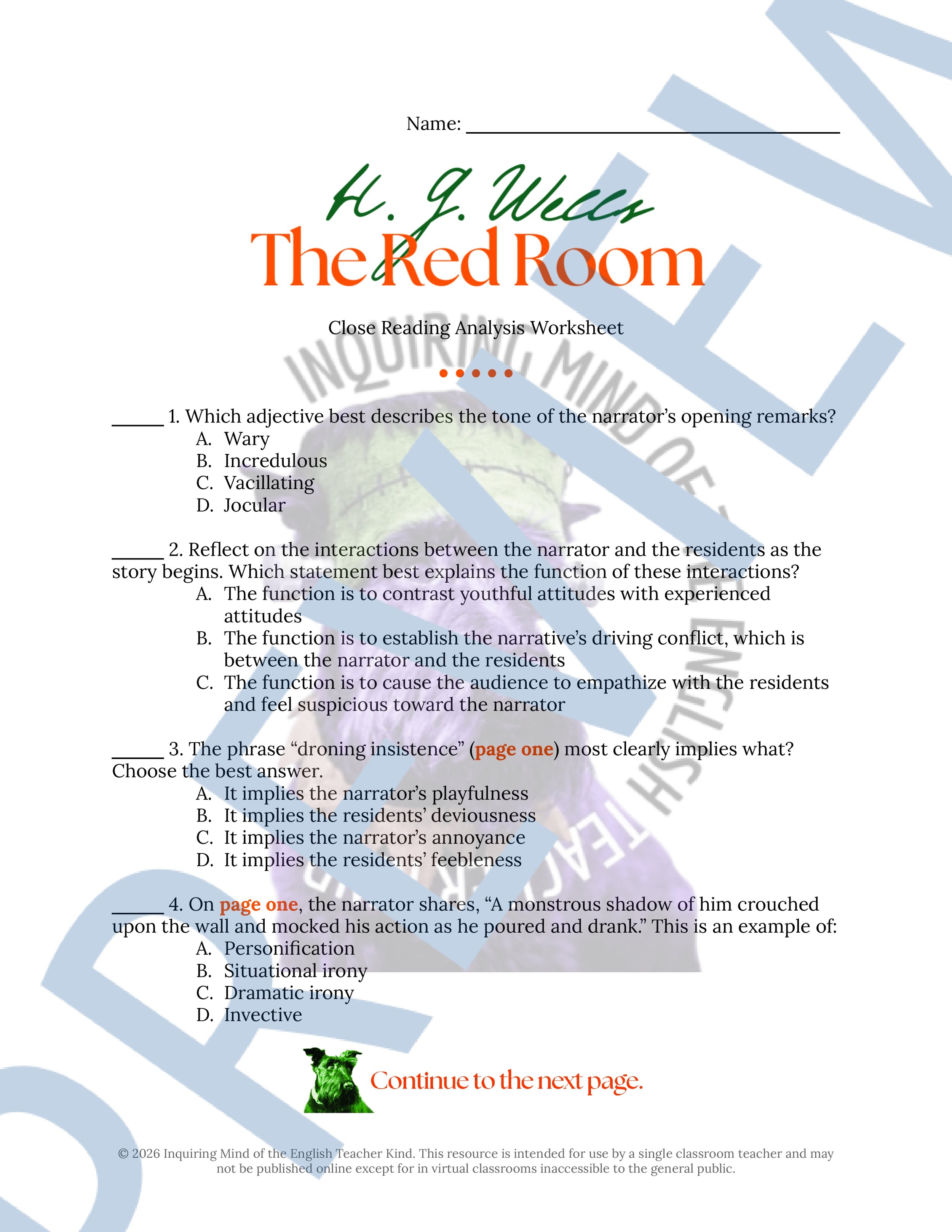The Red Room by H.G. Wells Close Reading Analysis Worksheet - High School Short Story for the Halloween Season (1).jpg