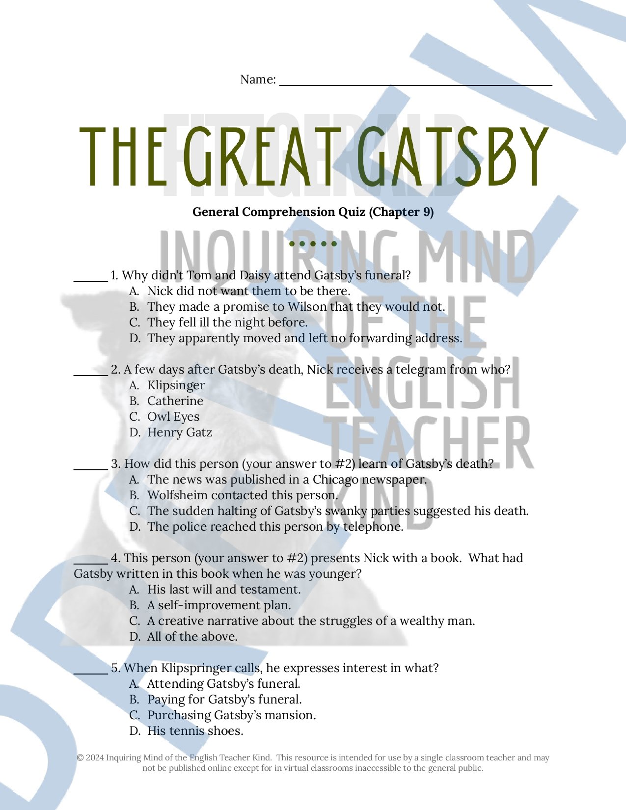 The Great Gatsby by F. Scott Fitzgerald Quiz and Answer Key Bundle for High School