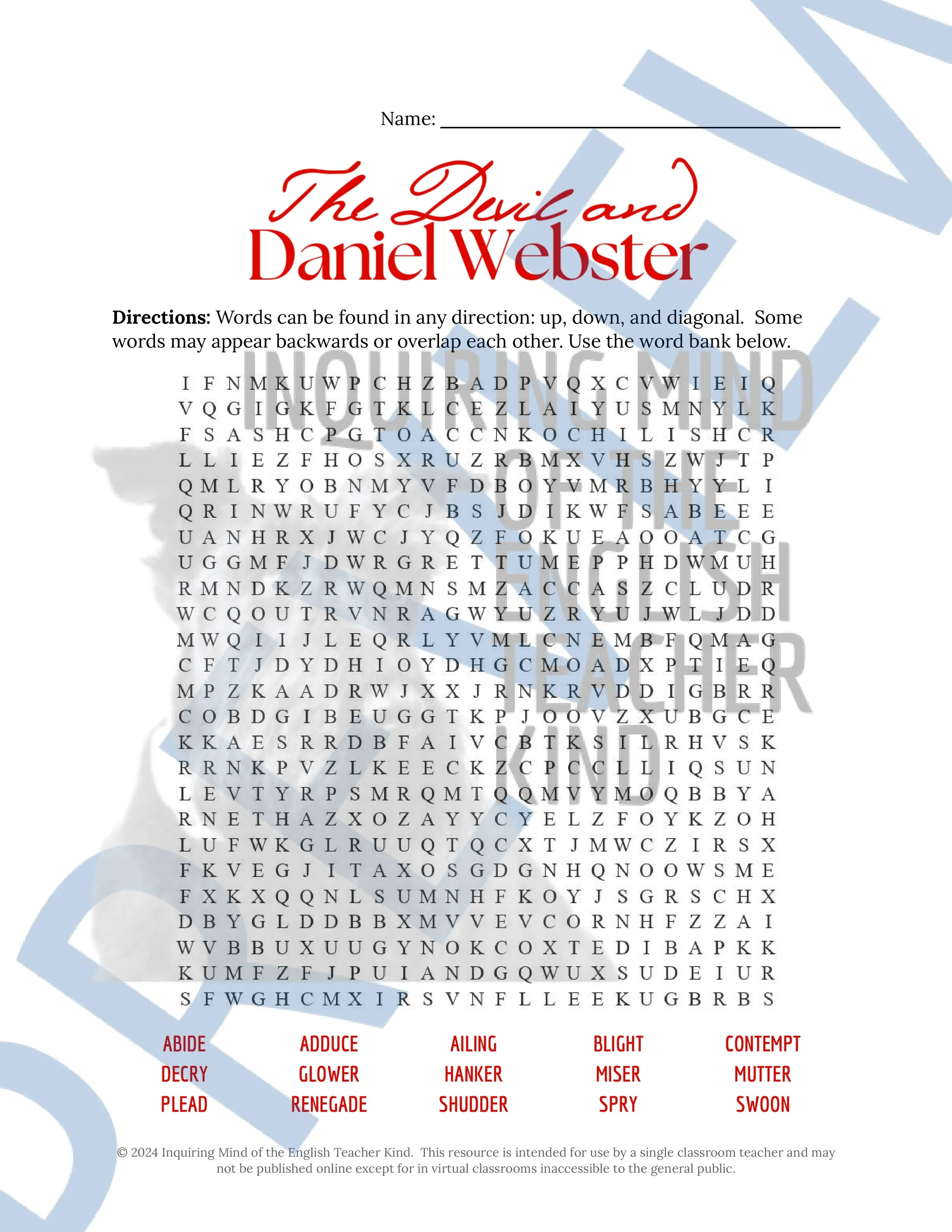 "The Devil and Daniel Webster" by Stephen Vincent Benet Quiz, Analysis Worksheets, Vocabulary Games, and Answer Keys for High School from Inquiring Mind of the English Teacher Kind
