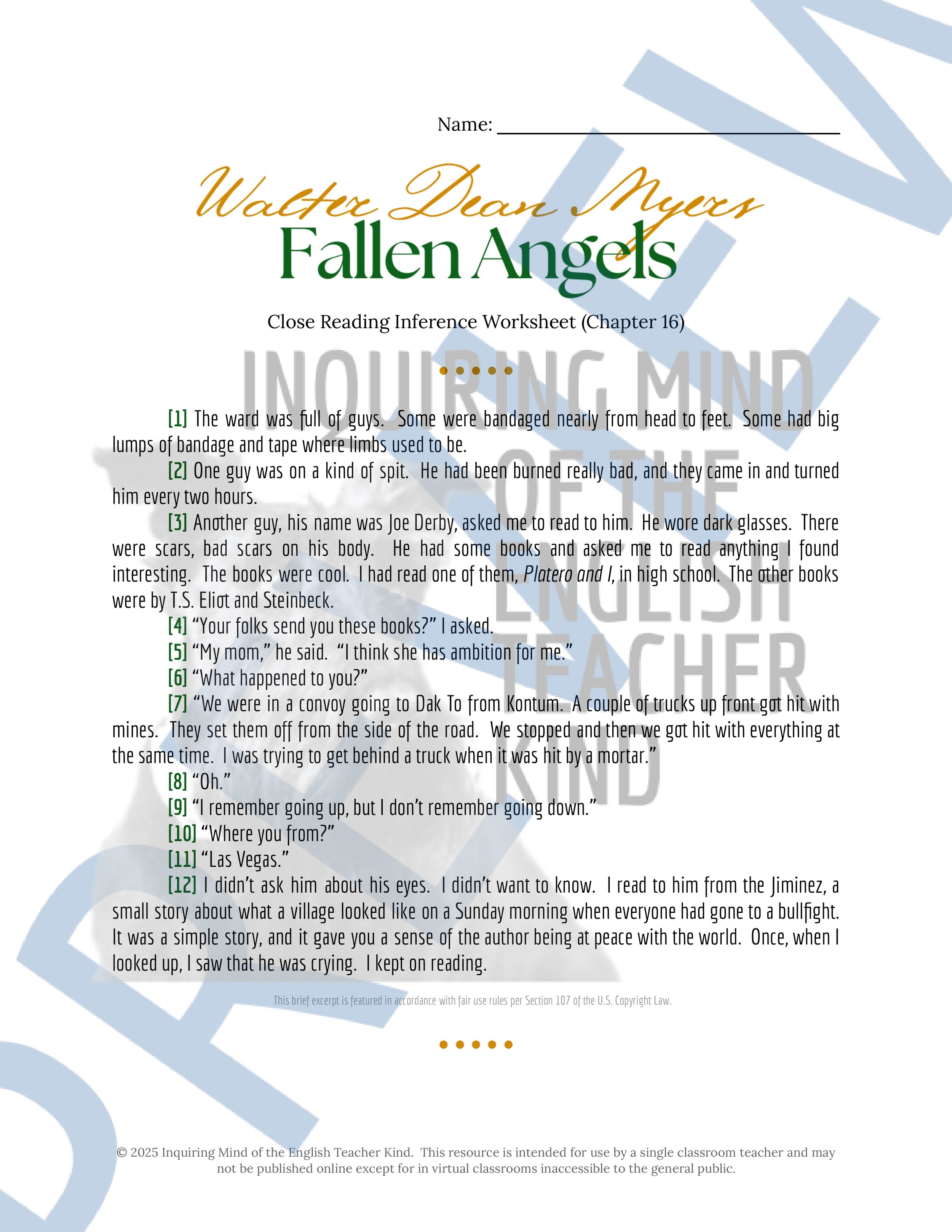 Fallen Angels Quizzes, Worksheets, Research Project, Test, and Answer Keys Mega Bundle from Inquiring Mind of the English Teacher Kind