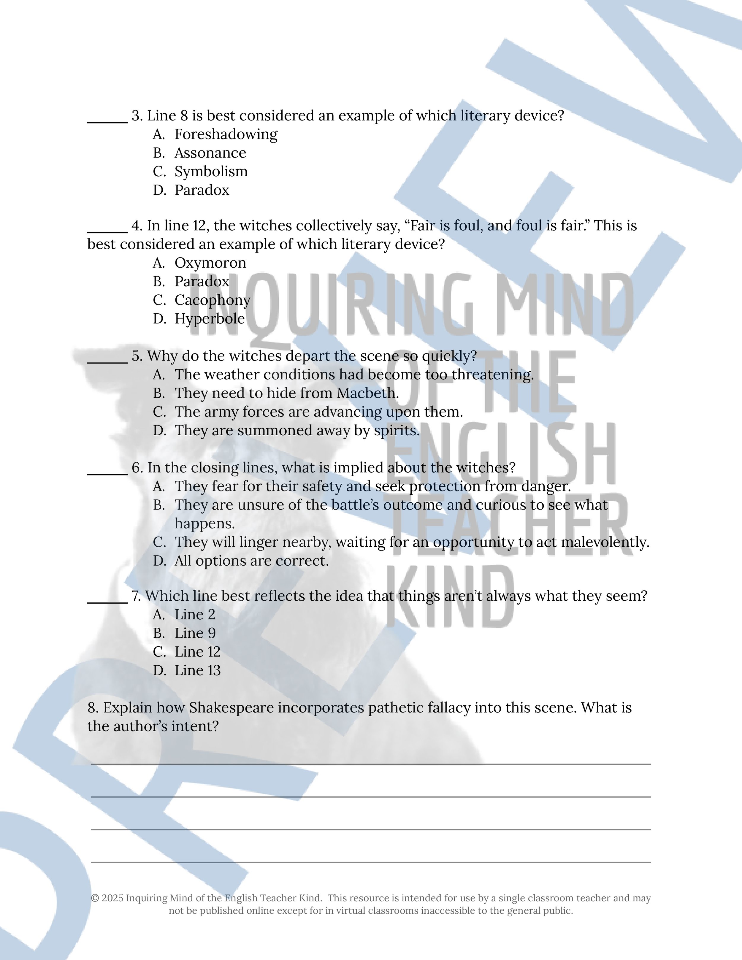 Macbeth Act 1 Quiz, Close Reading Analysis Worksheets, Vocabulary Activities, and Answer Keys for High School from Inquiring Mind of the English Teacher Kind