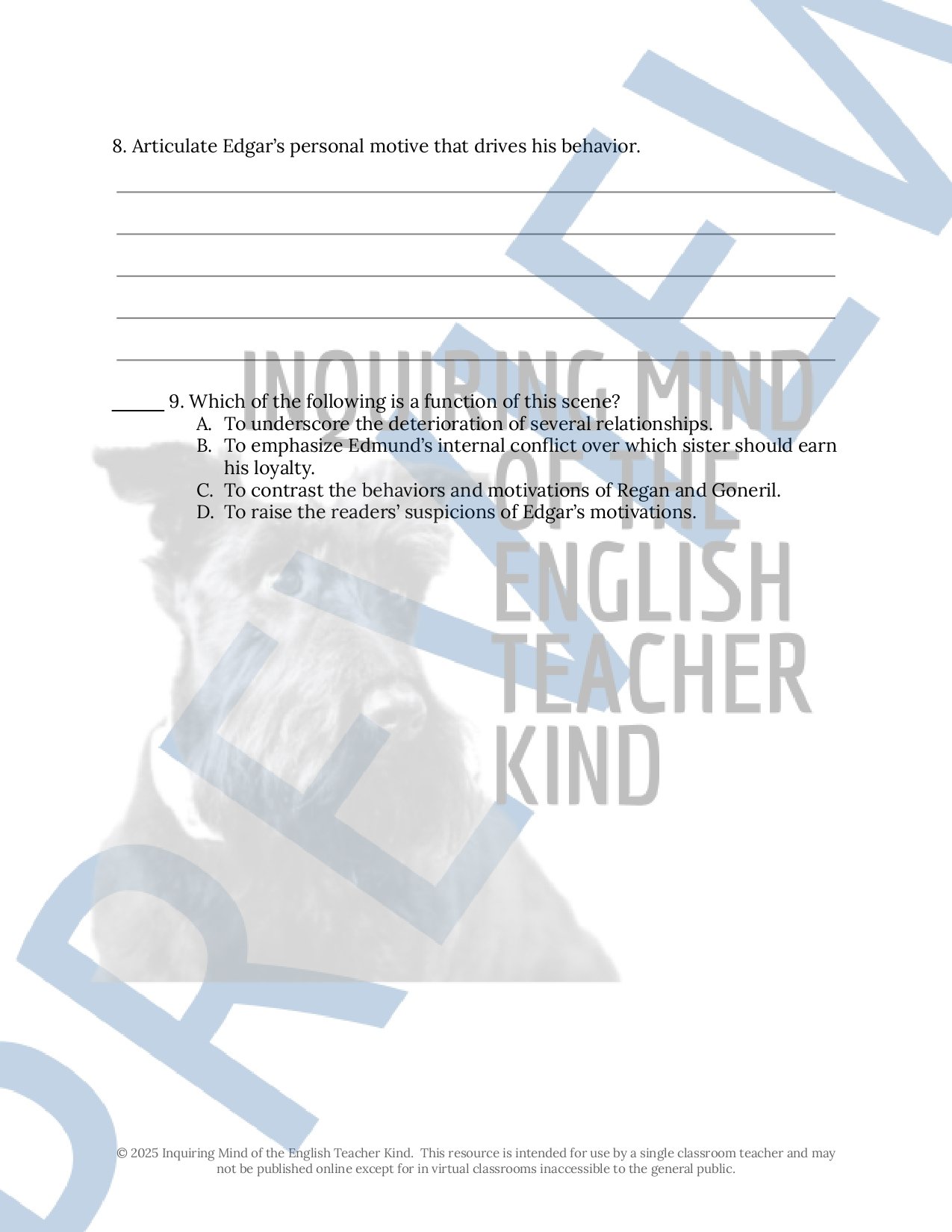 Shakespeare's King Lear Act 5 Quiz, Vocabulary Games, Close Reading Inference Worksheets, and Answer Keys for High School by Inquiring Mind of the English Teacher Kind