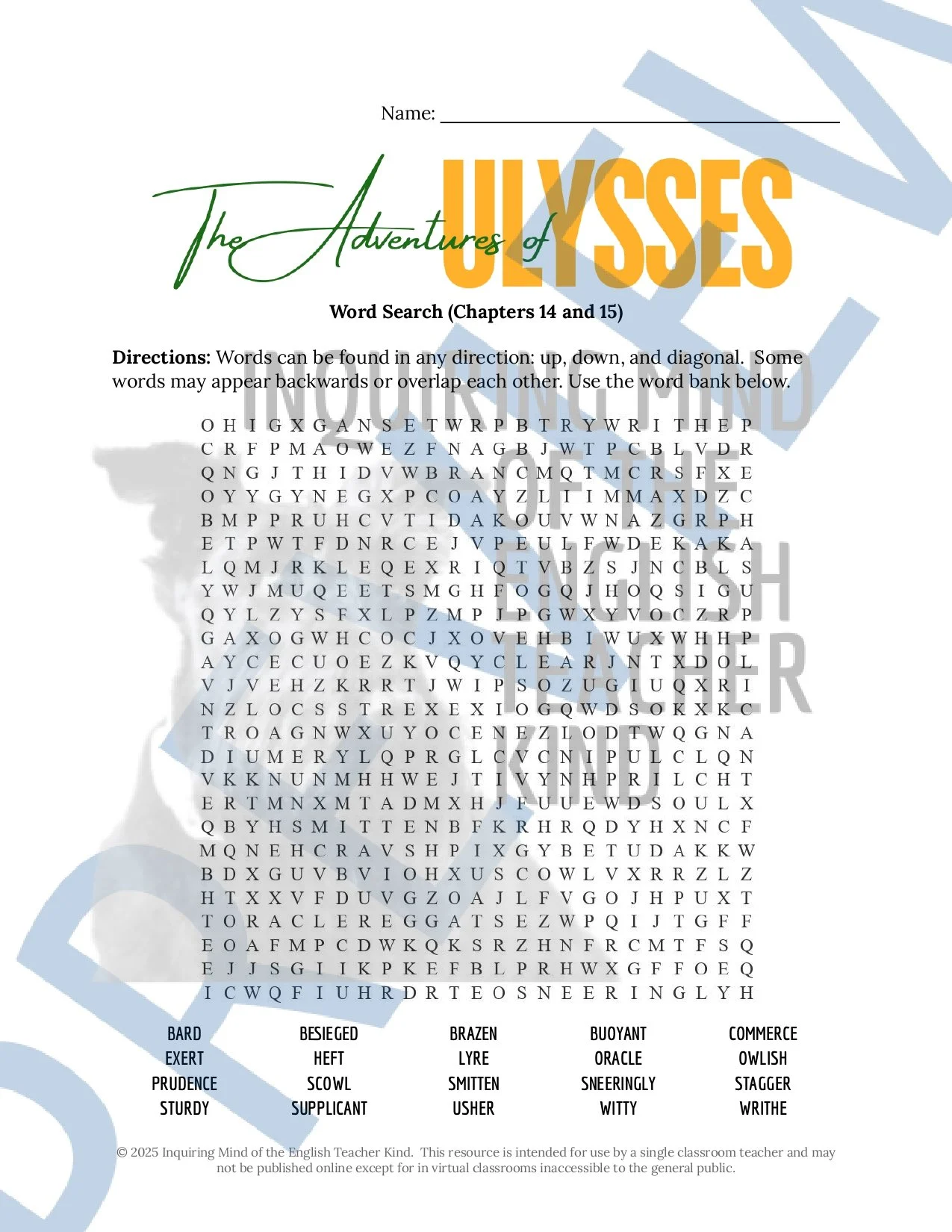 Adventures of Ulysses by Bernard Evslin Chapters 14 and 15 Quiz, Inference Worksheet, and Vocabulary Games for High School English Language Arts