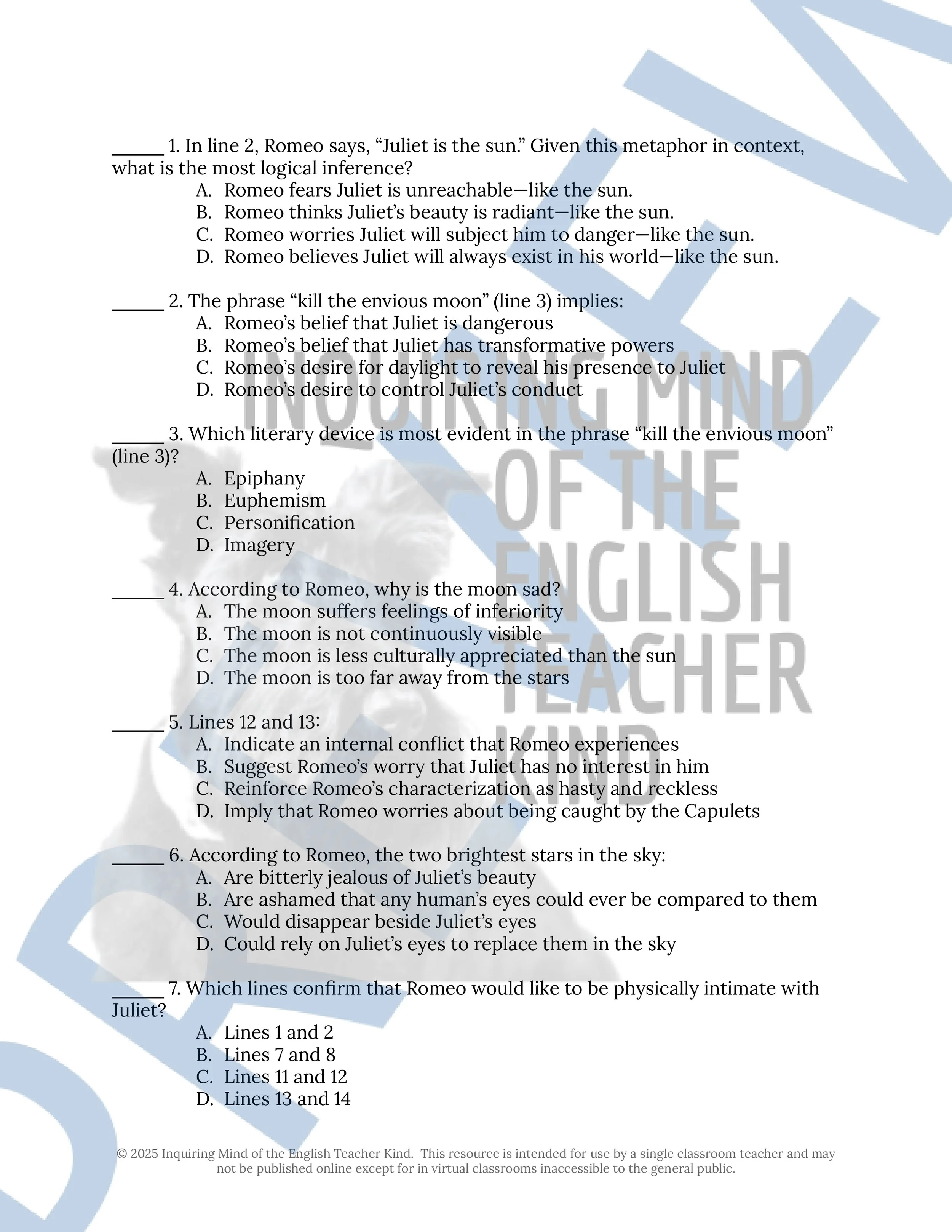 Romeo and Juliet Reading Guides, Vocabulary Games, Quizzes, Inference ...