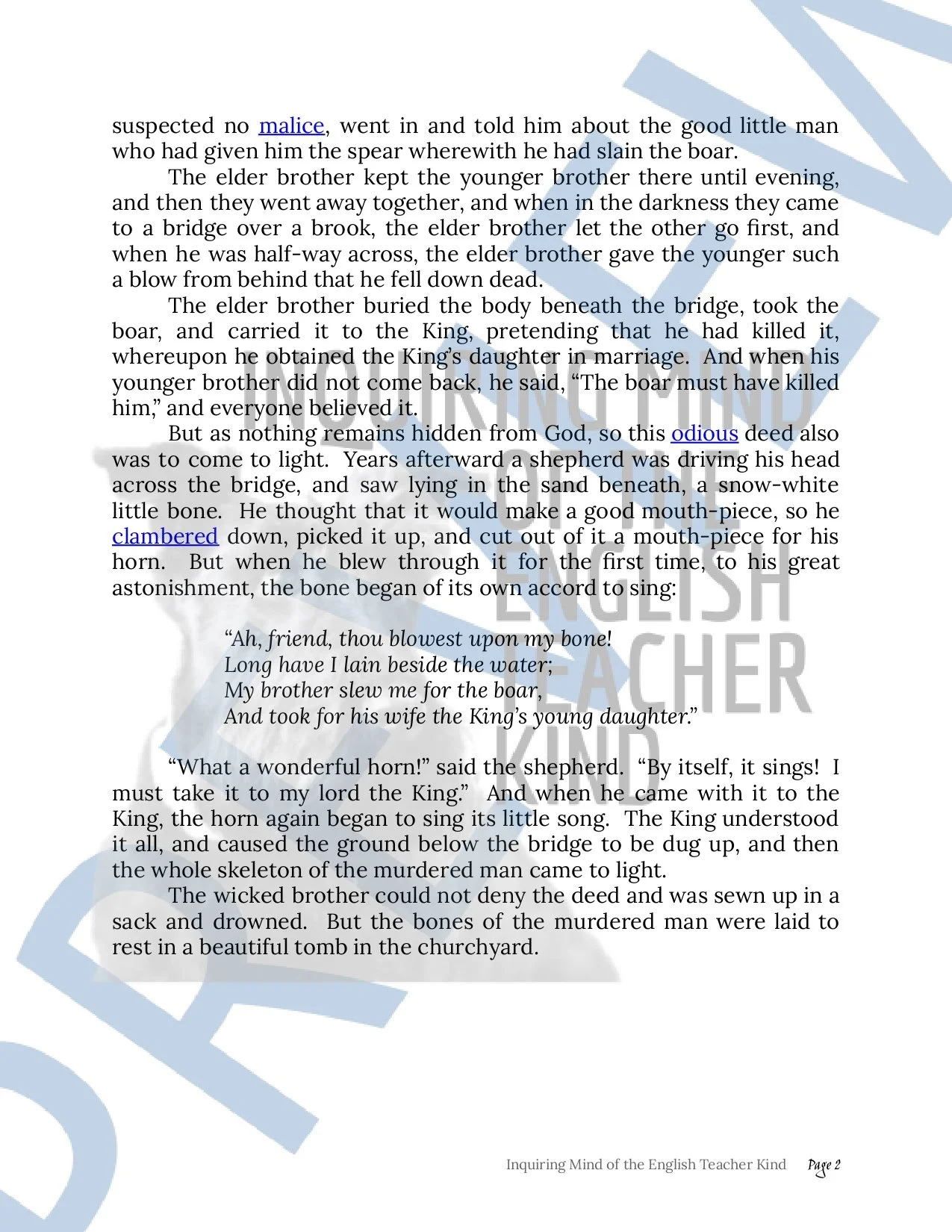 "The Singing Bone" Quiz, Close Reading Inference Worksheet, and Vocabulary Games (Grimm's Fairy Tale)
